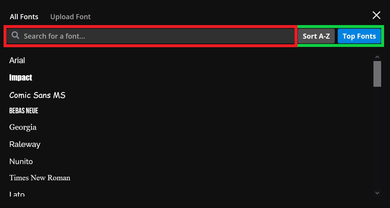Video font library interface with search bar highlighted