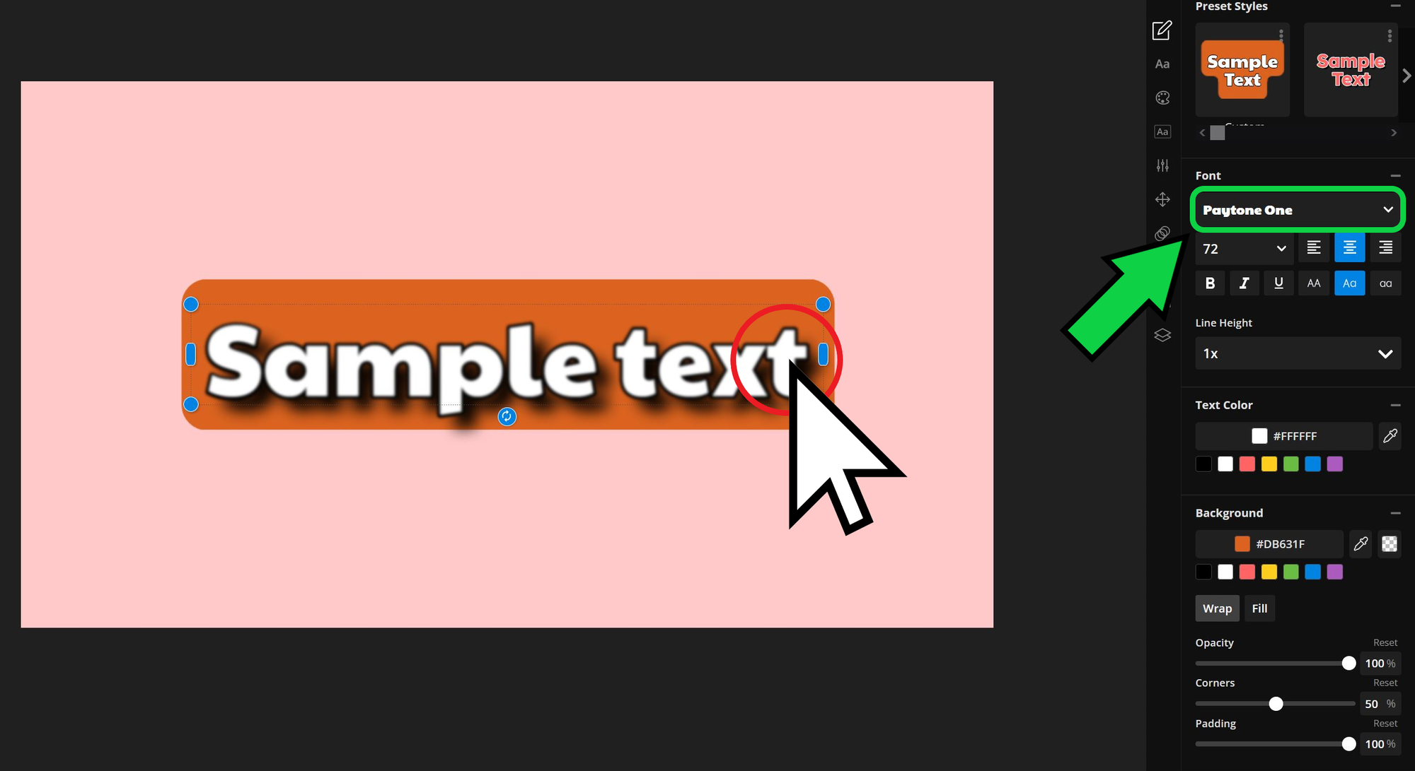Guide showing how to access the font dropdown menu