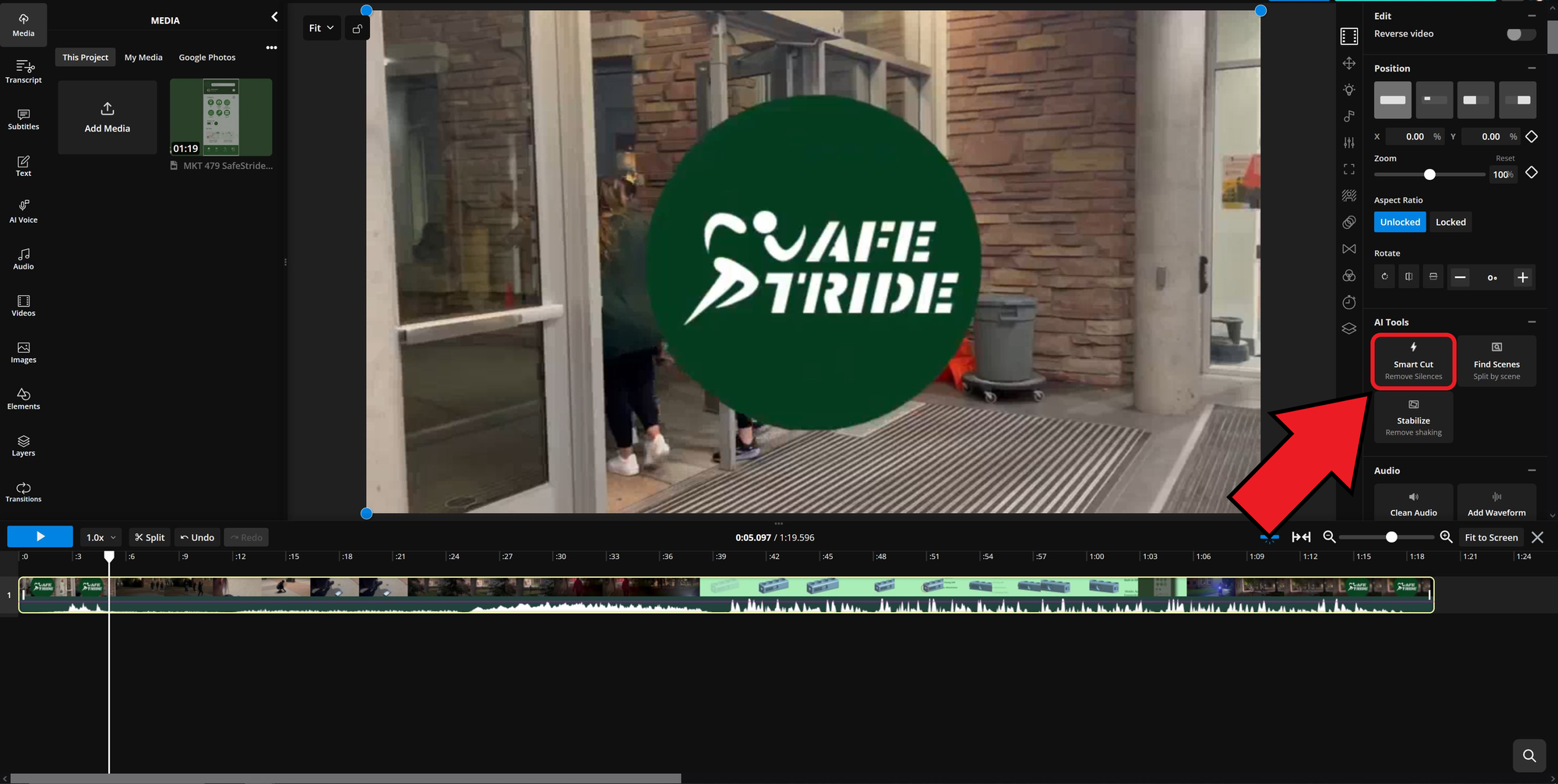 Guide showing how to use the Smart Cut tool to automatically edit videos