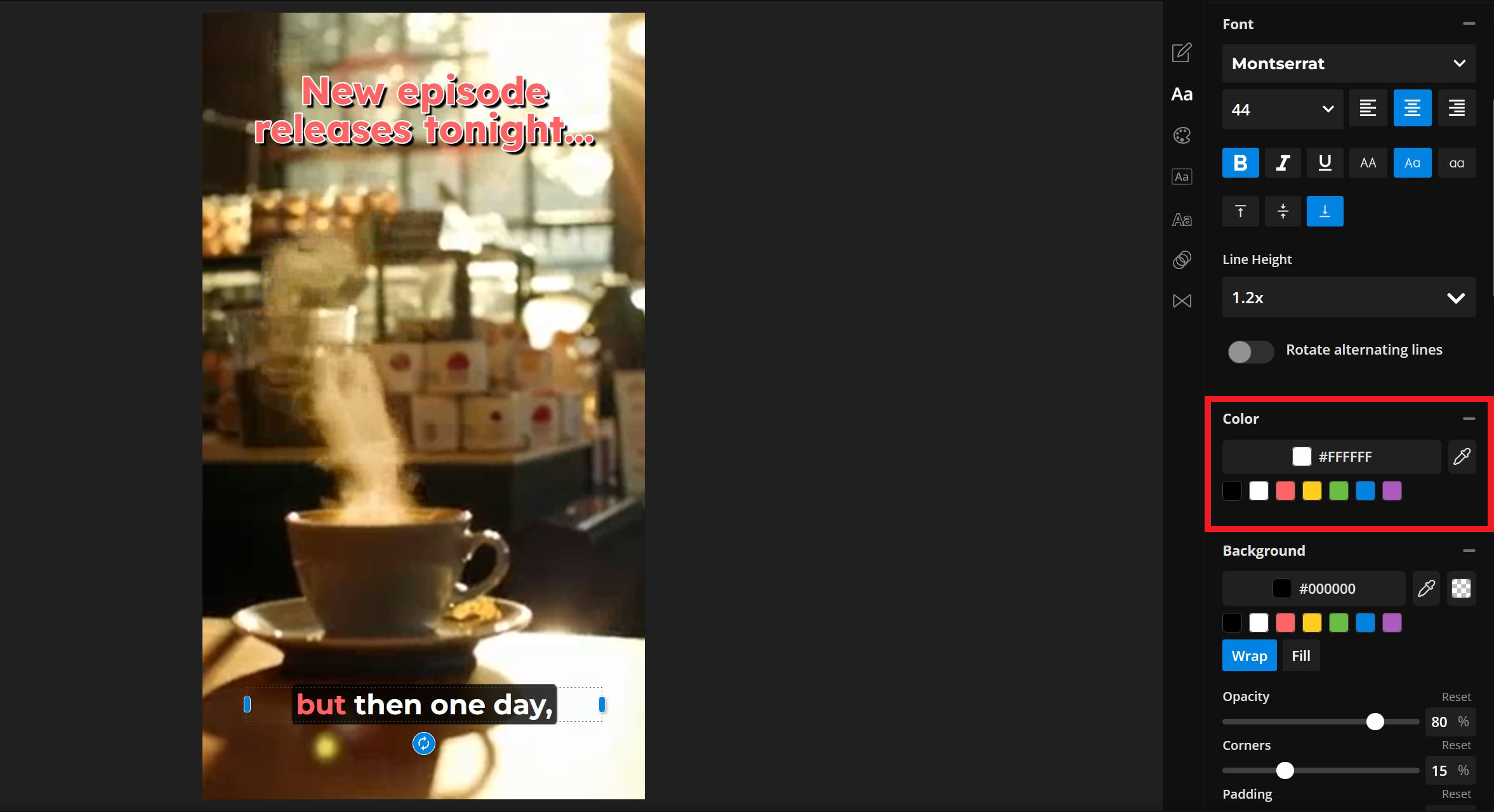 Guide showing how to change the color of captions in a video. 