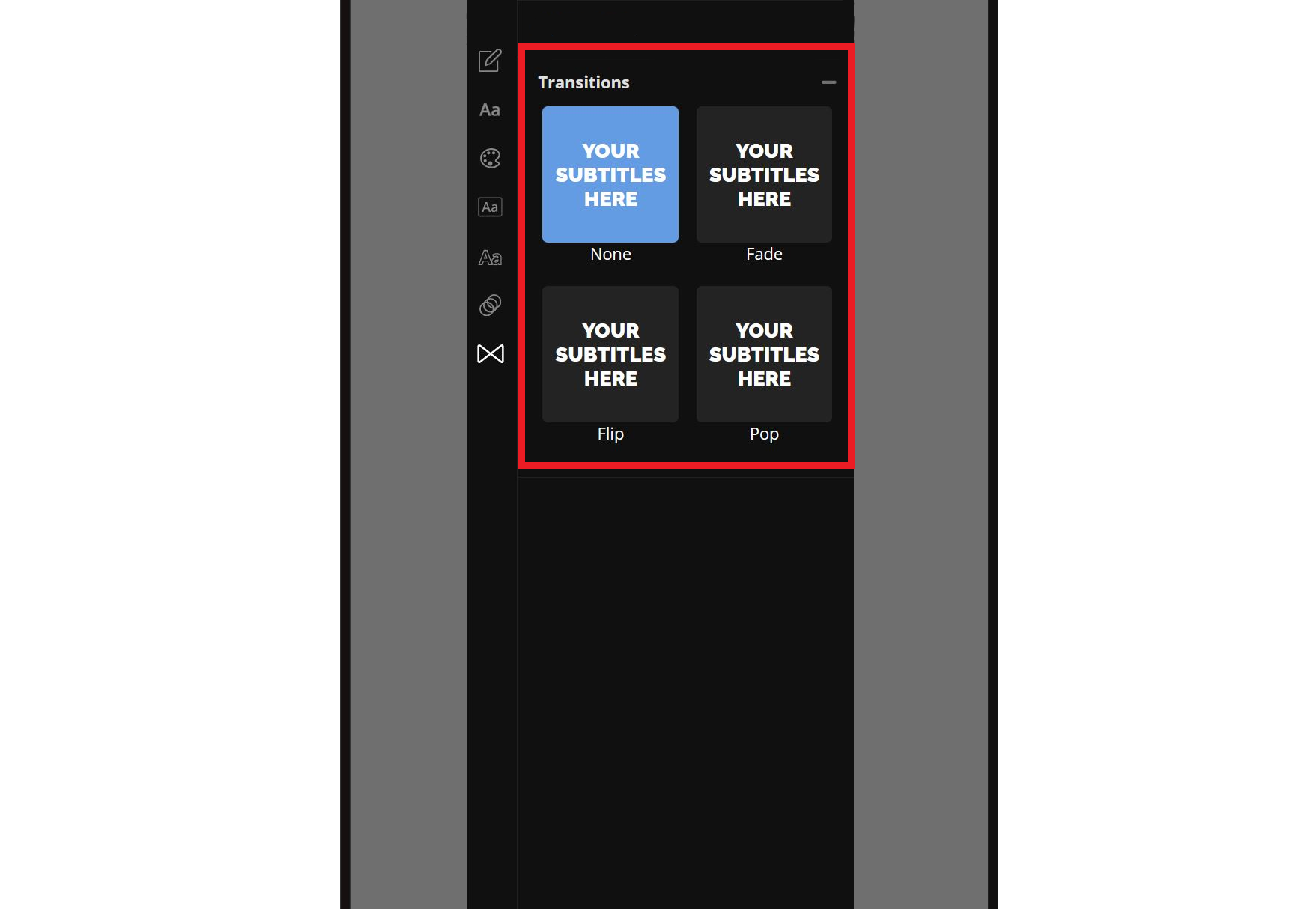 Guide showing how to add transitions to text captions. 