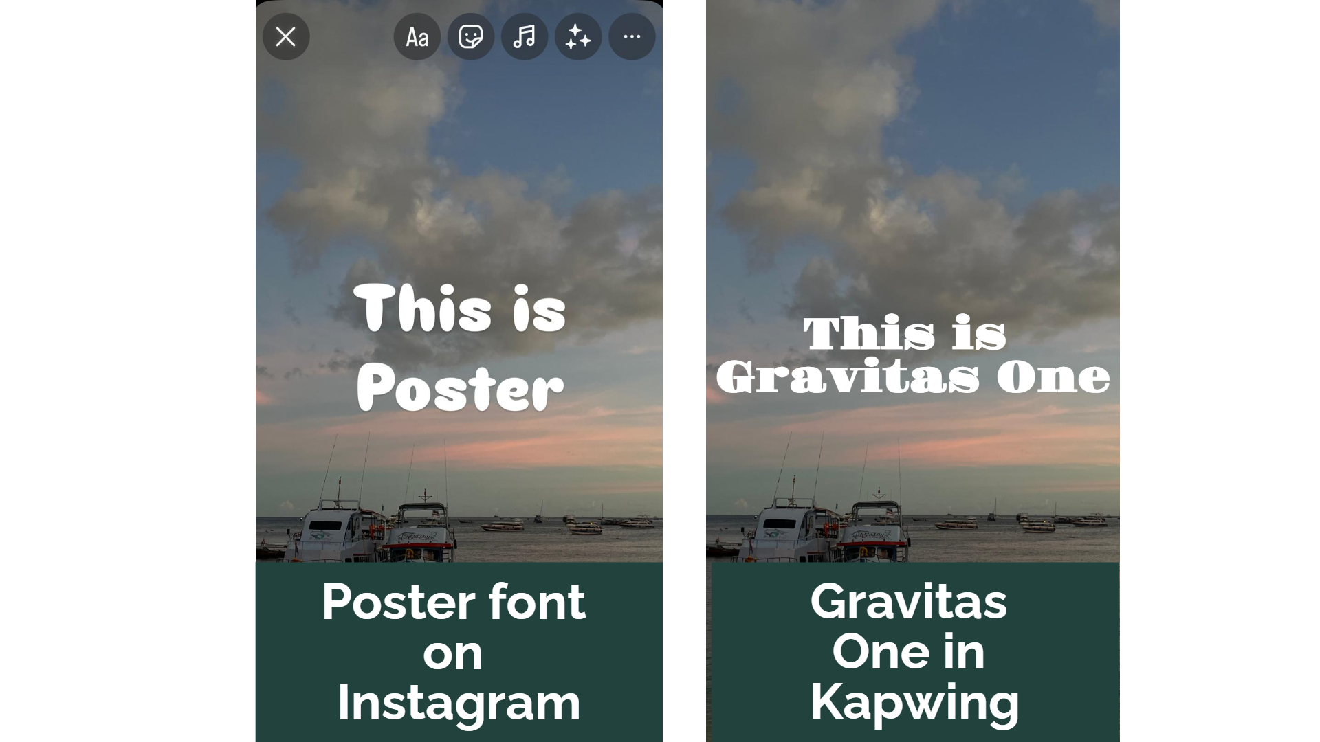 A side by side comparison of Poster font and Gravitas One, set against a sea background with two boats