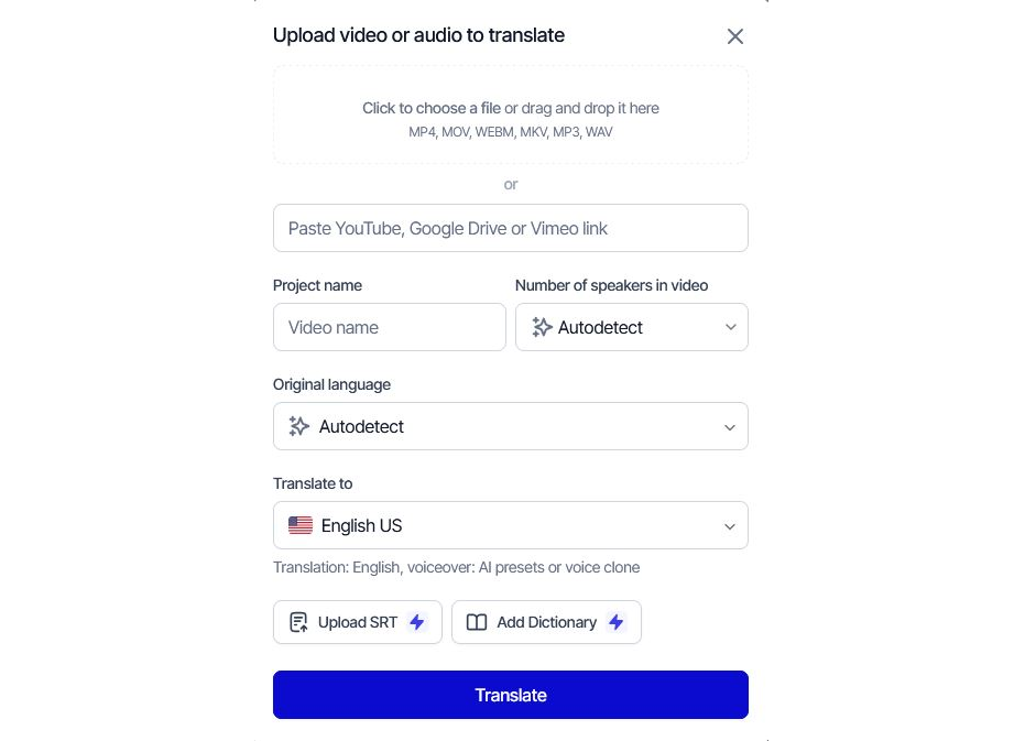 Upload screen for translating Spanish to English audio using Rask. 