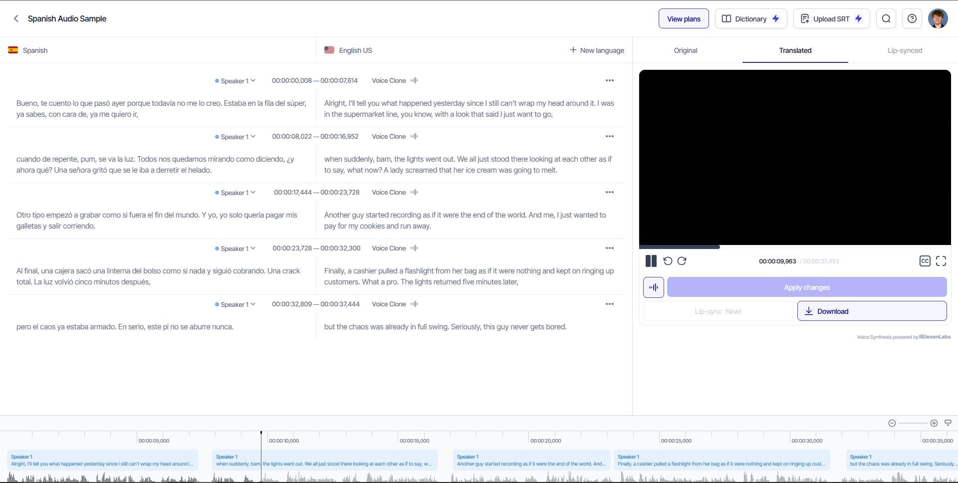 Translator interface showing a translated project. 