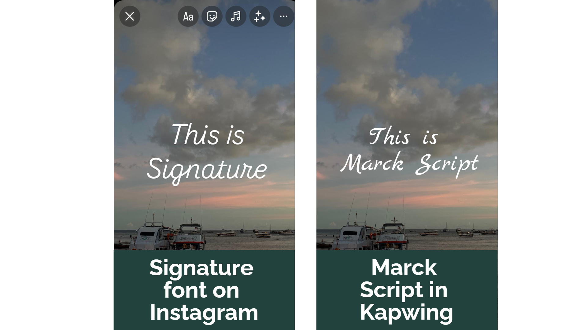 A side by side comparison of Signature font and Marck Script, set against a sea background with two boats