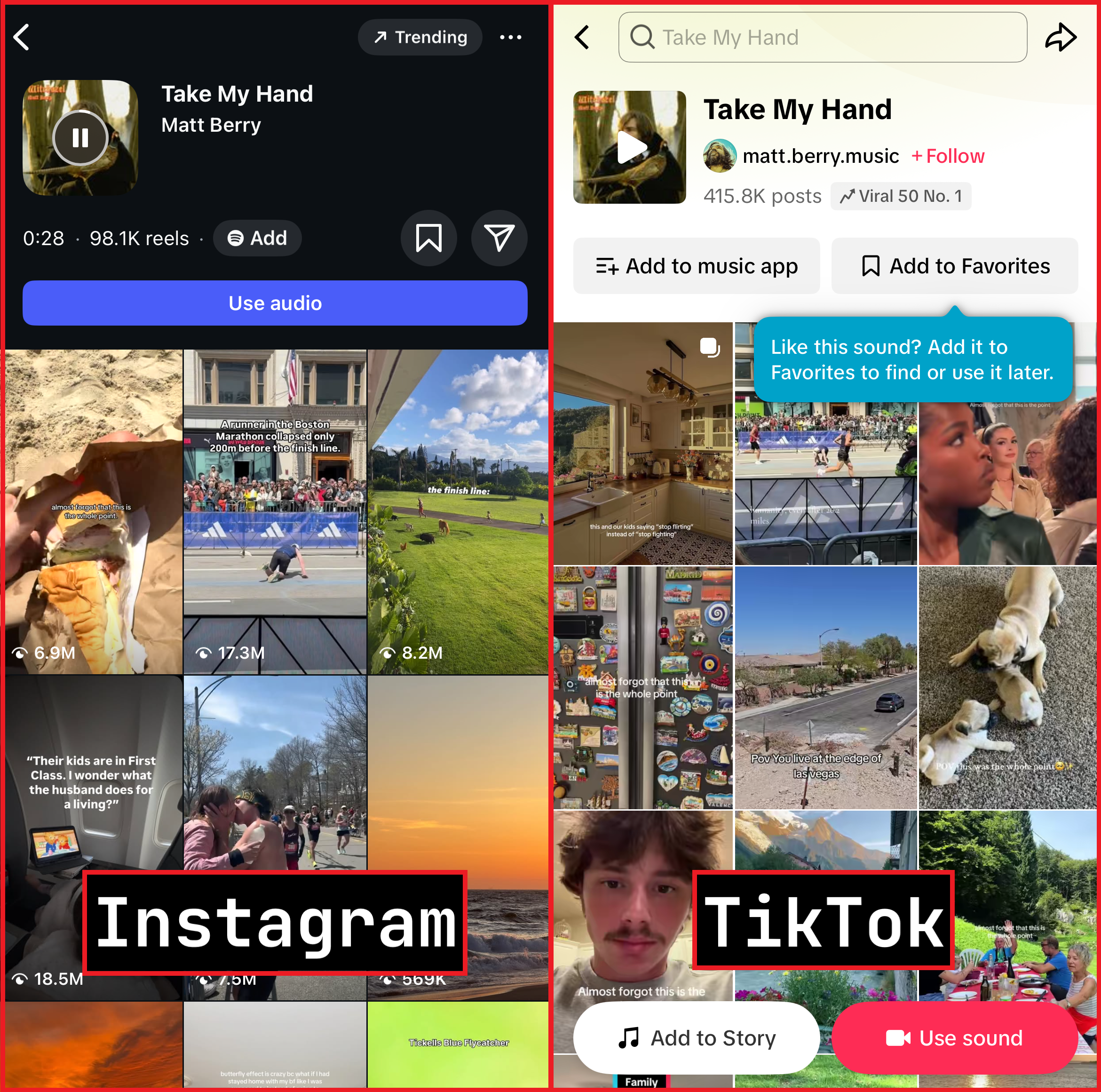 Example images of Instagram and TikTok showing the Almost Forgot This Is Whole Point song.