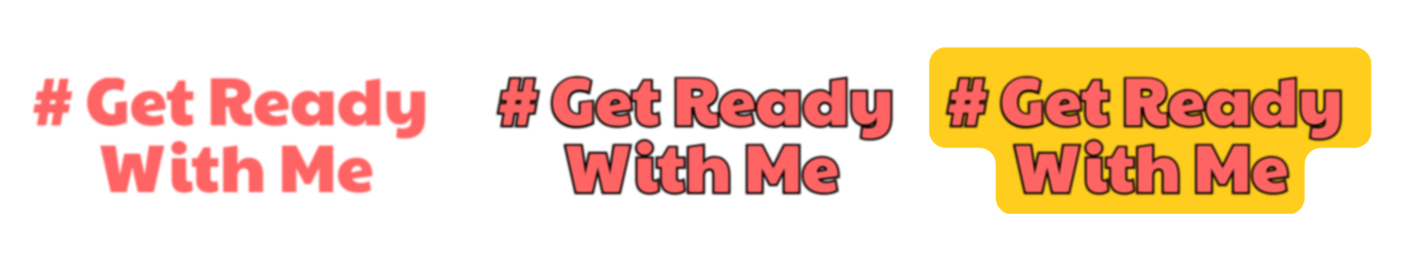 Comparison showing three side-by-side captions with different text tools applied. 