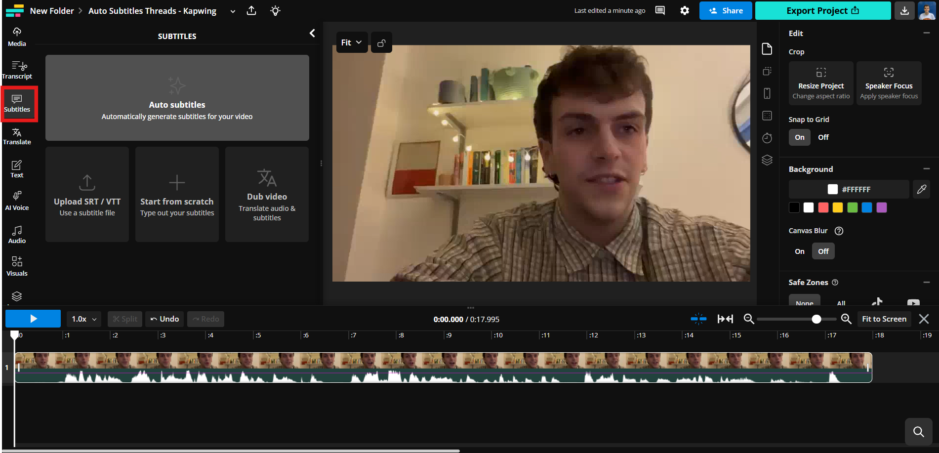 A video in the editing studio with the Subtitles tab highlighted