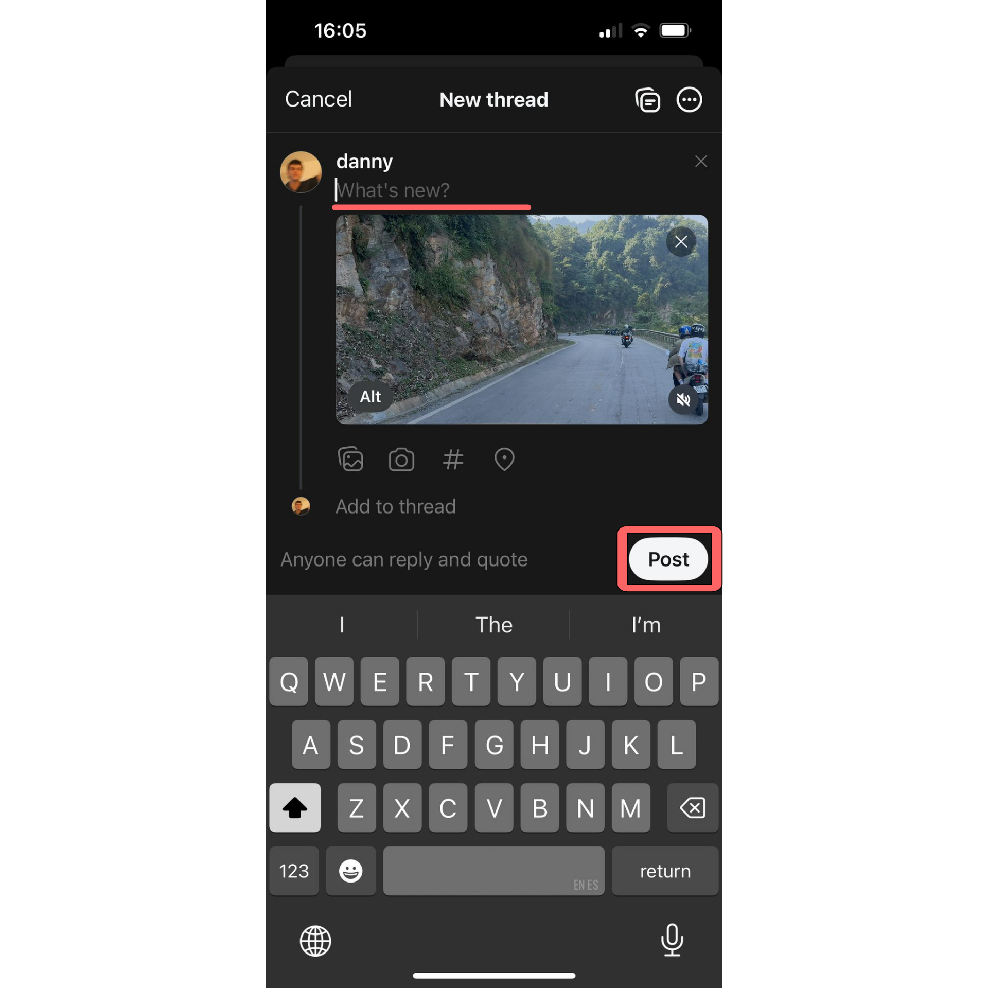 The posting screen on Threads with the 'Add Caption' and 'Post' options highlighted