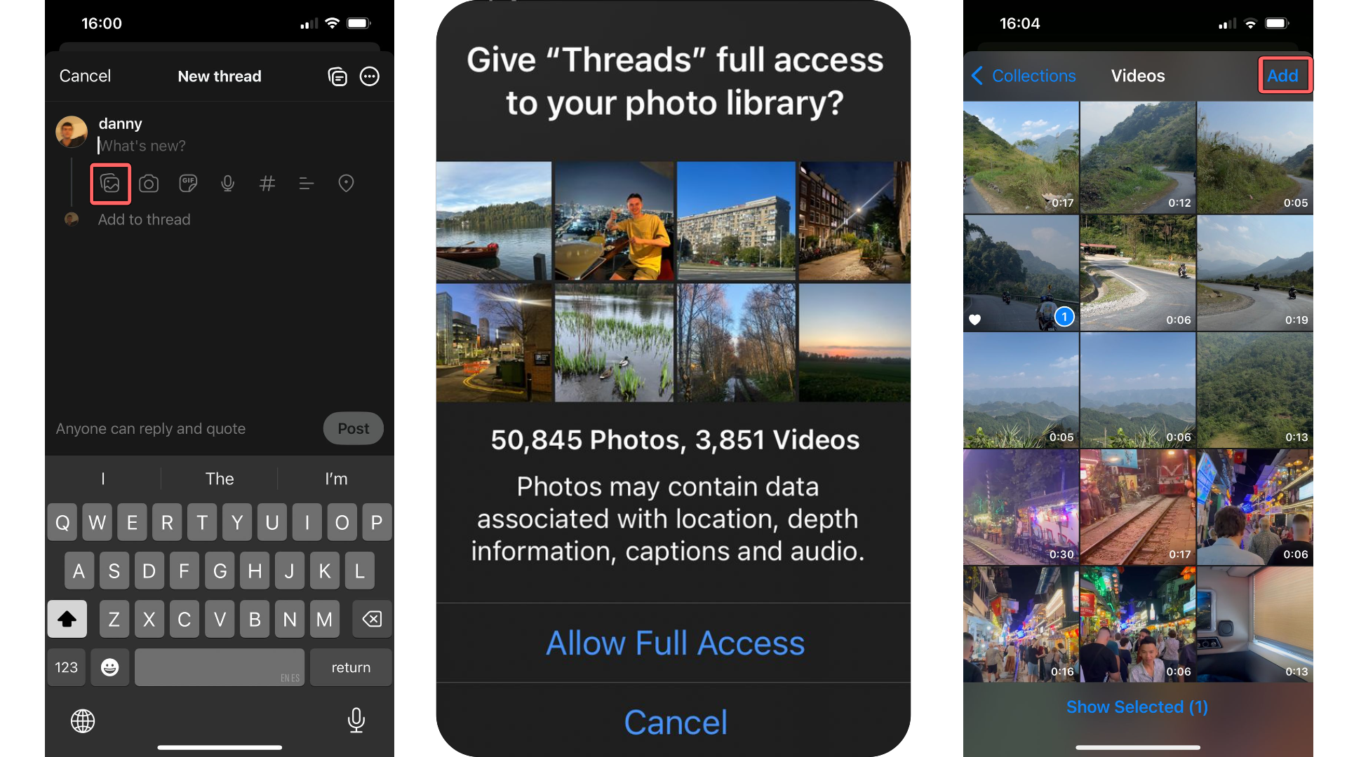 A request for Threads to have photo library access and a user's camera roll with a video selected