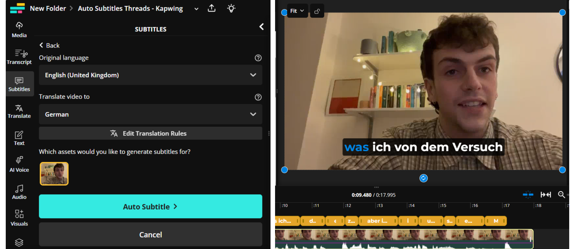 German subtitles are added to a video