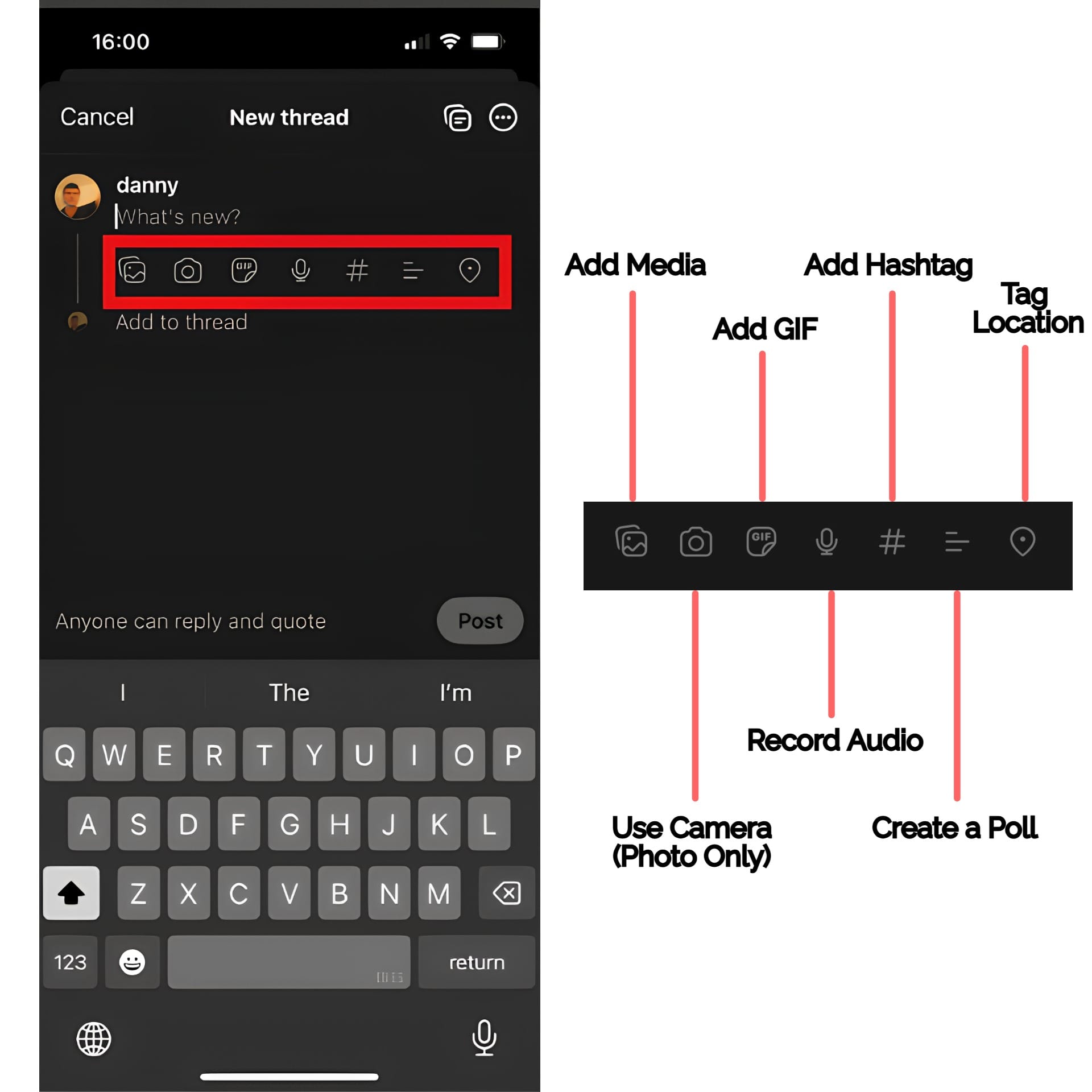 The upload options available for people posting on Threads
