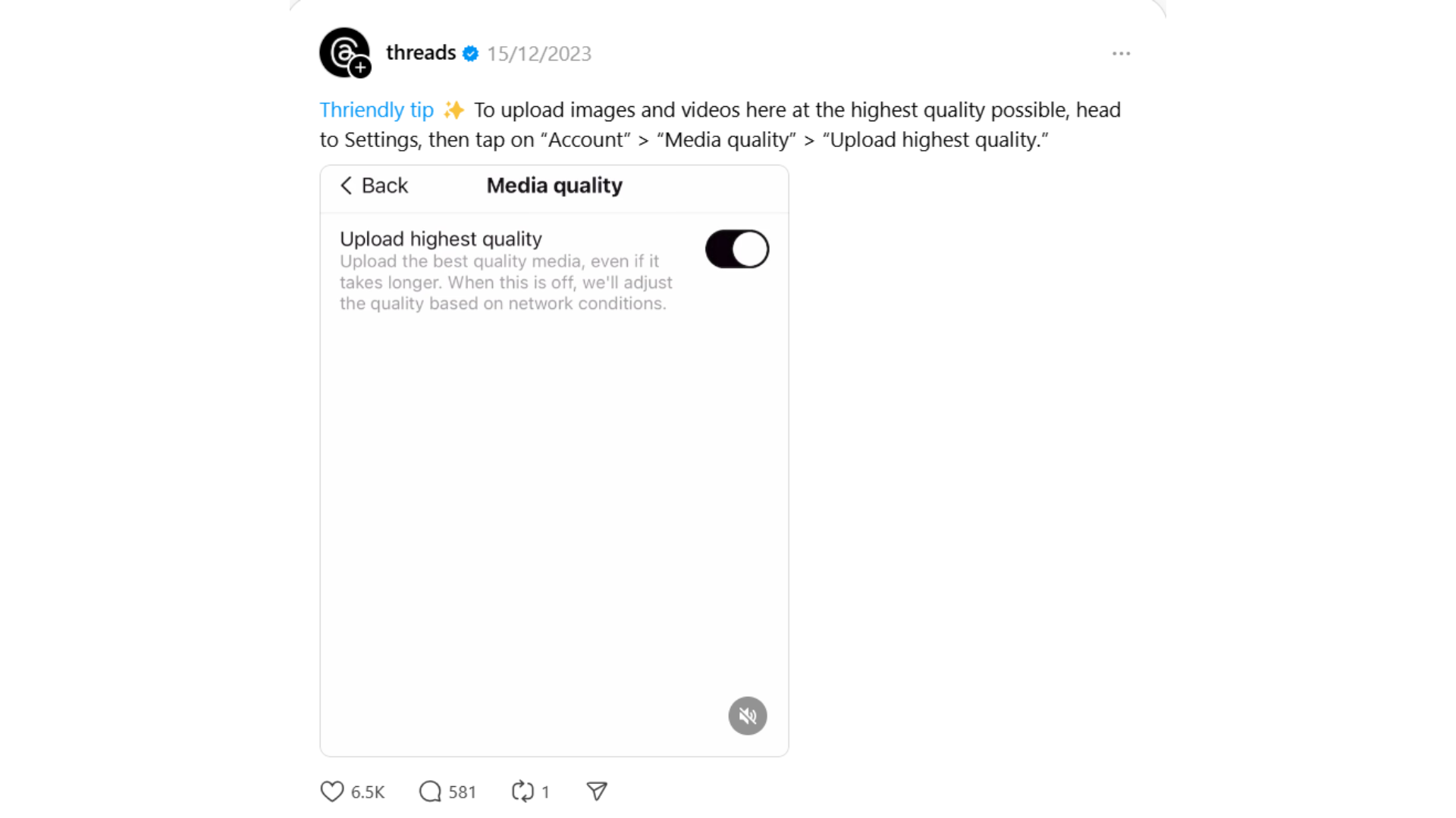 A screenshot of a post from the official Threads account detailing how to upload the highest quality media (Settings > Account > Media quality > Upload highest quality).