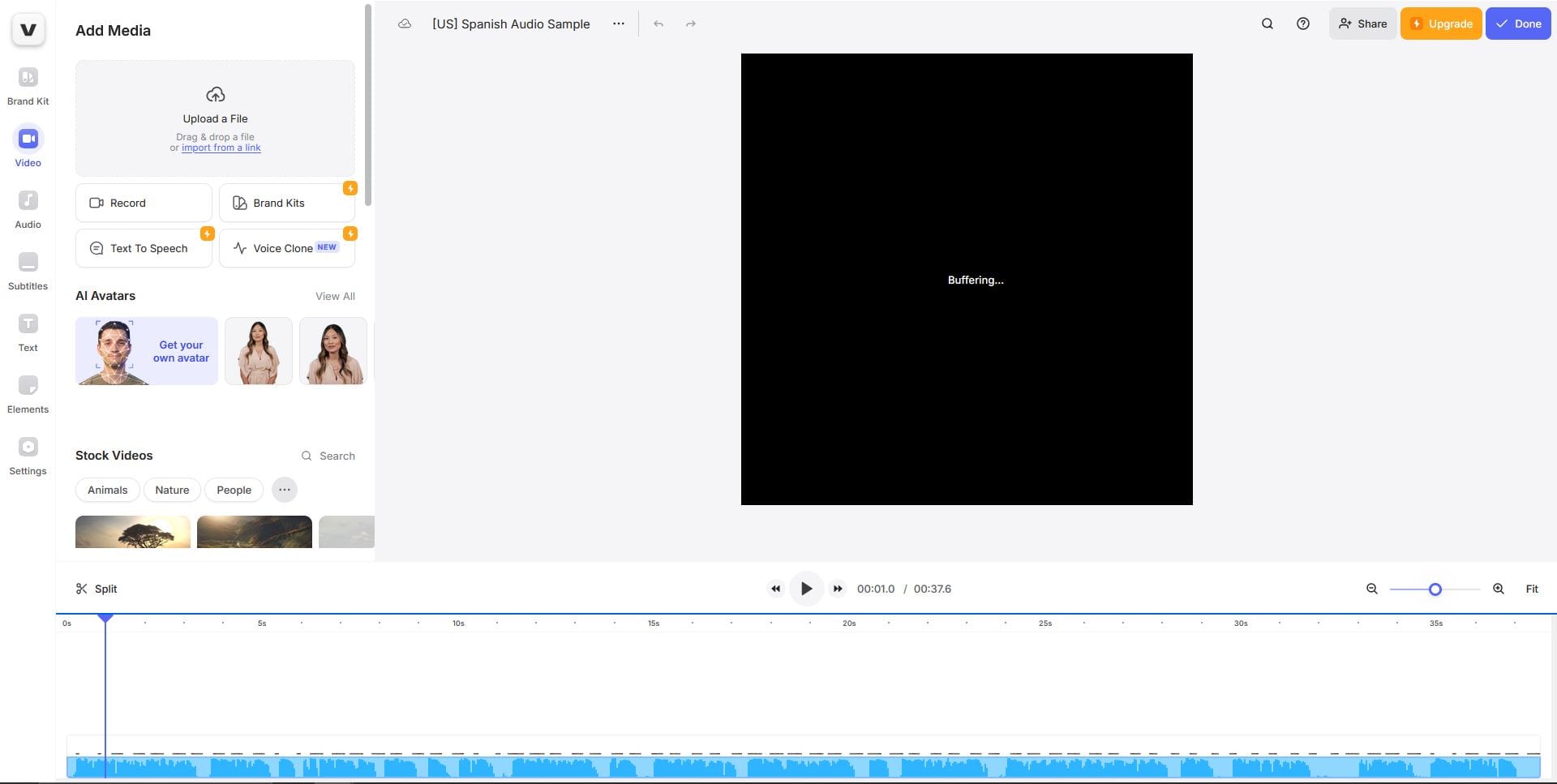 Video editor showing translated audio clip along with editing tools. 