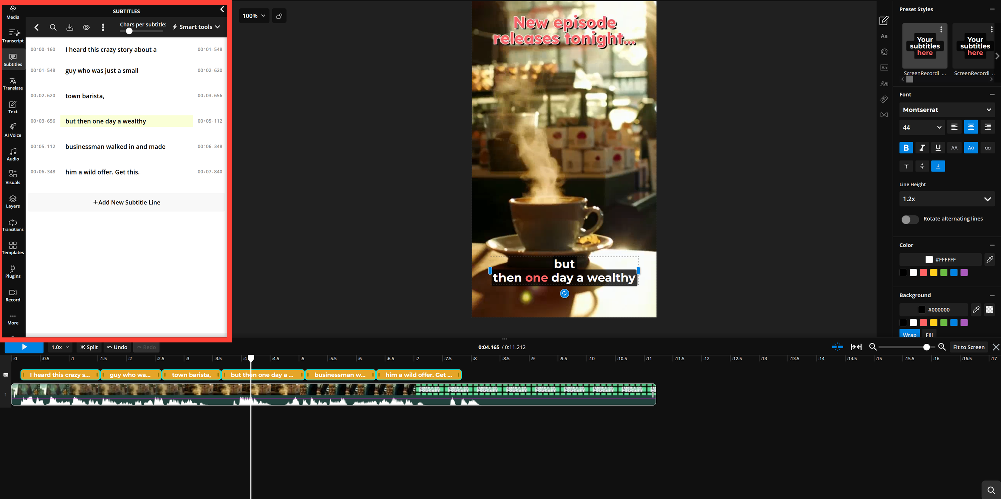 Video caption interface showing how to edit subtitles.