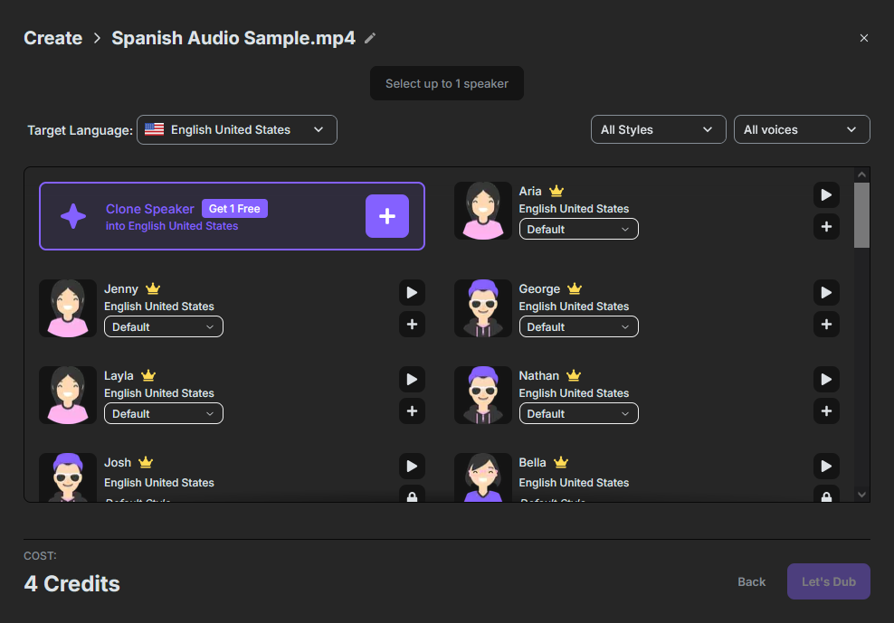 Translator voice selection menu. 