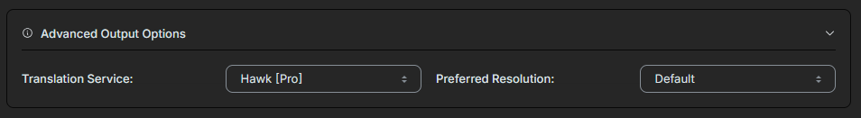 Translator advanced options window. 