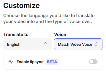 Veed.io Spanish to English configuration screen.