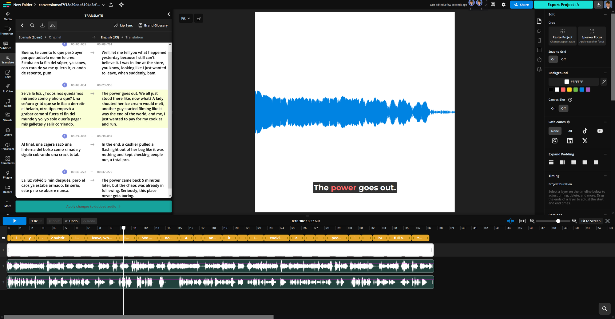 Spanish to English transcript for comparing audio translations. 