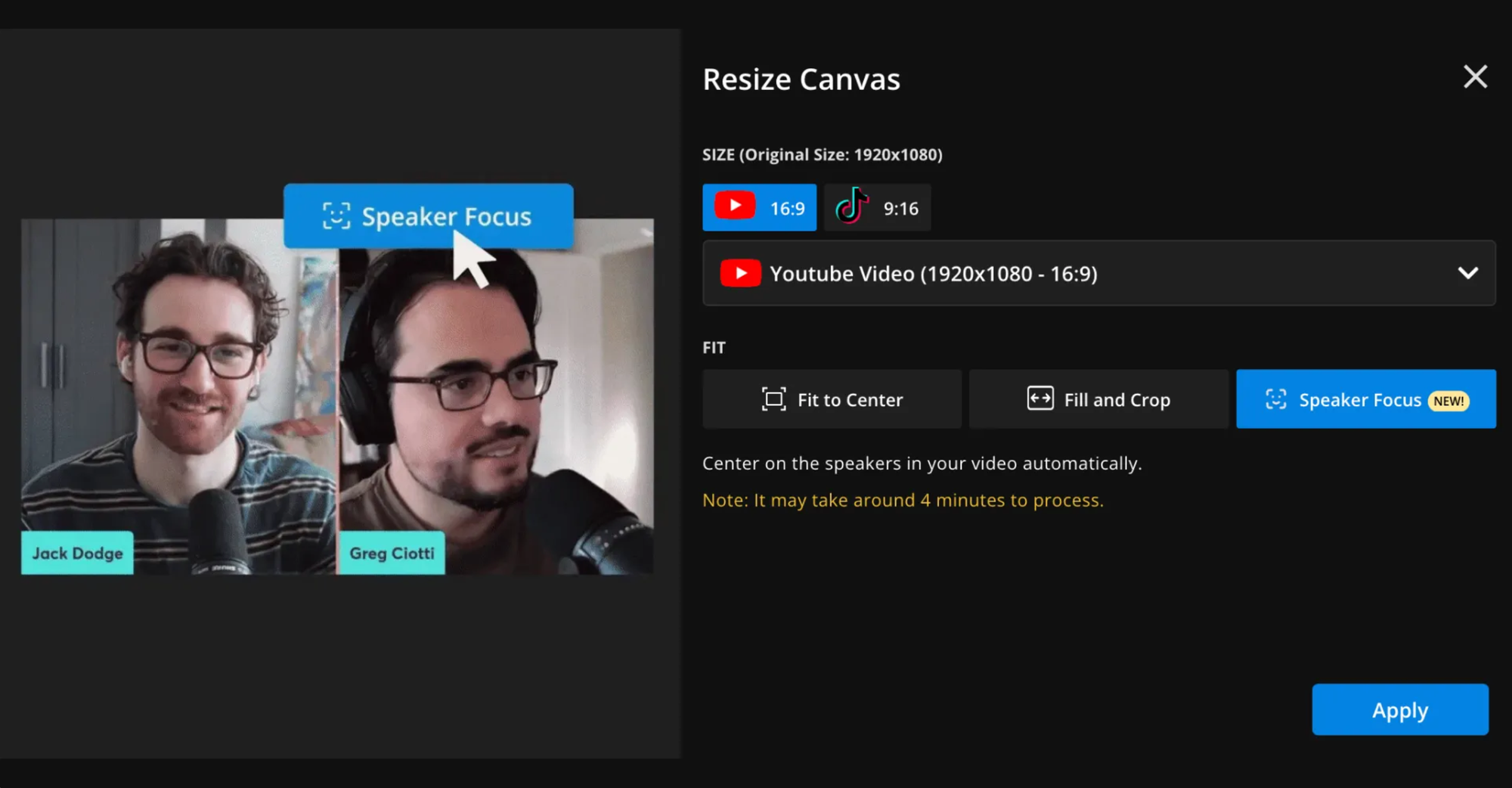 CapCut style interface showing how to add Speaker Focus to a video. 