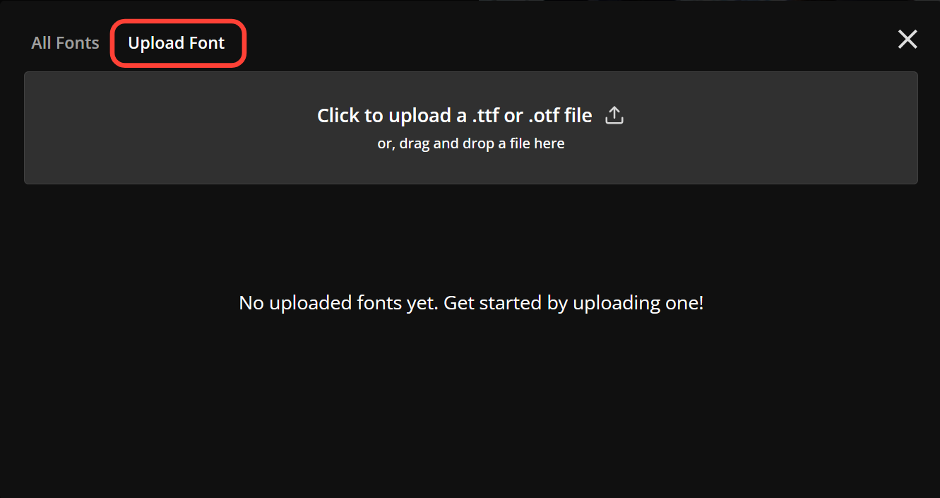 Font upload screen for uploading CapCut style fonts for use in video editing