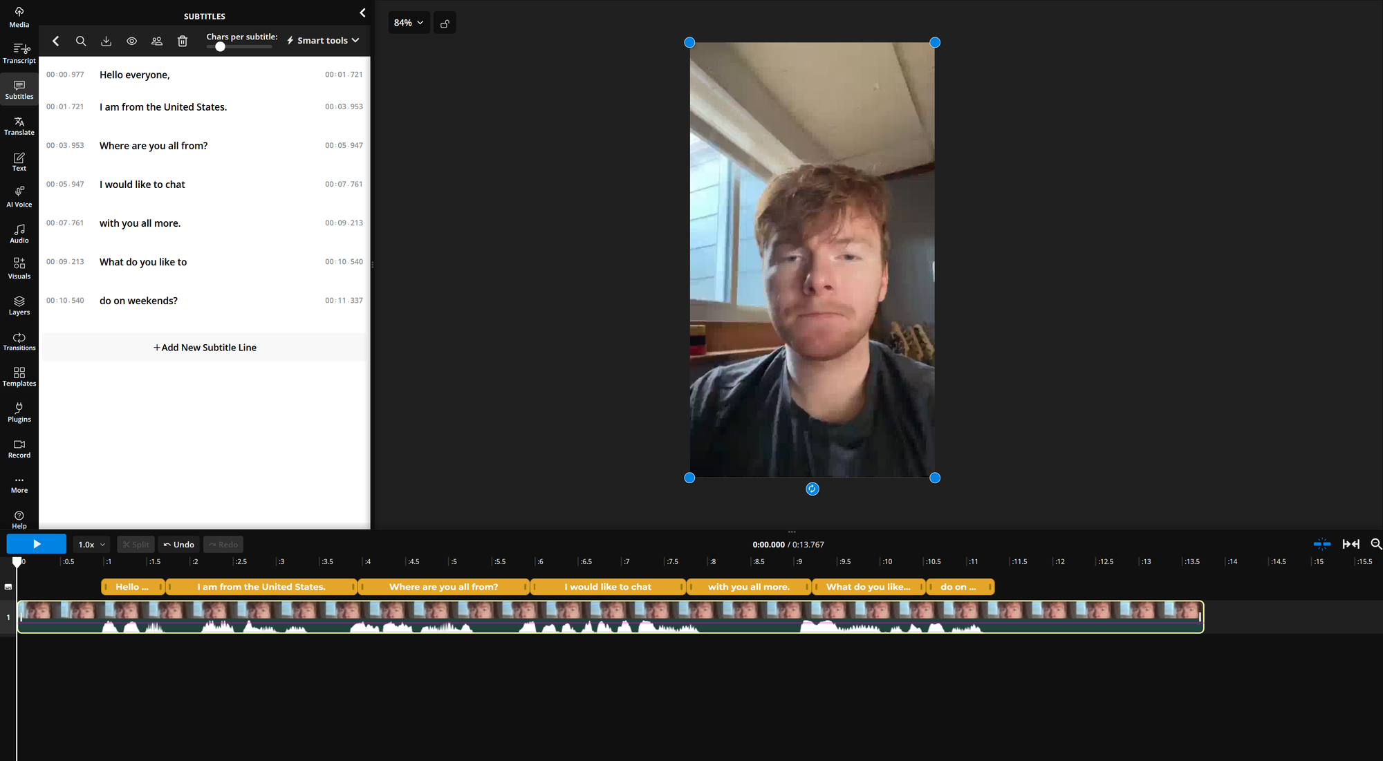 Video editor interface showing a subtitle transcript