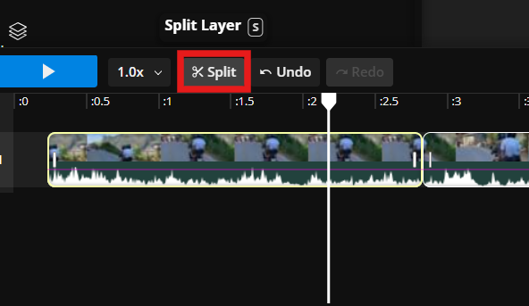 The Split button in the editing timeline highlighted