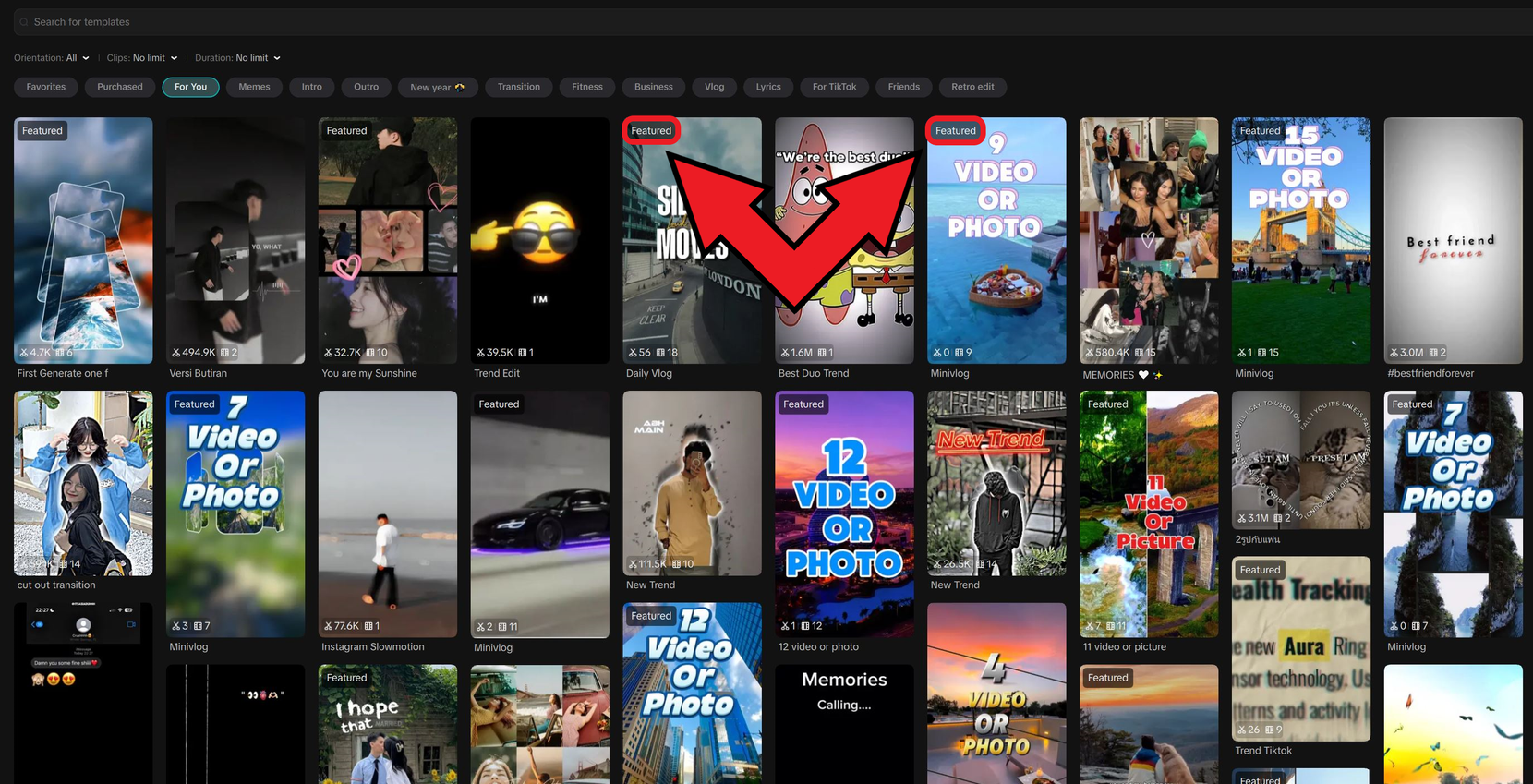 Image showing the CapCut template library with some video templates being labeled as "featured."