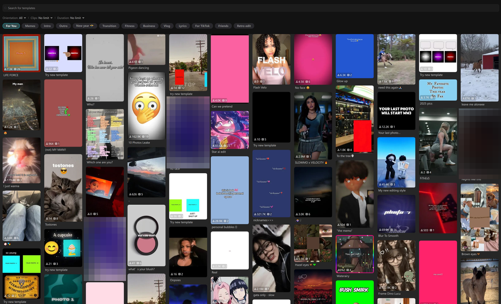 CapCut's video template library consisting of user-uploaded content. 