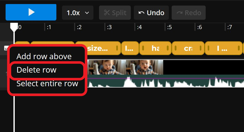 Guide showing how to delete subtitles form an AI baby podcast video.