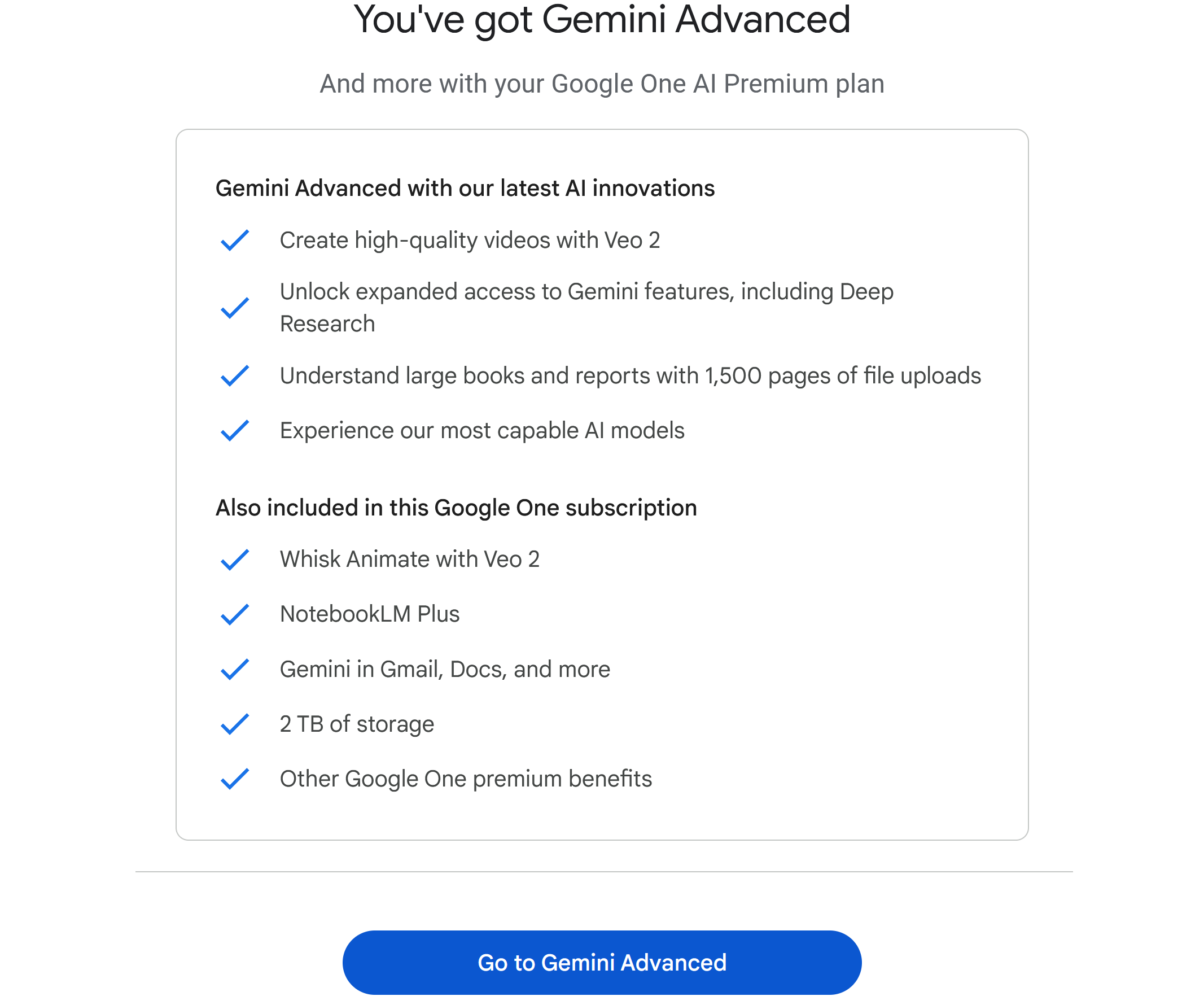 List of features provided with a premium Gemini subscription.