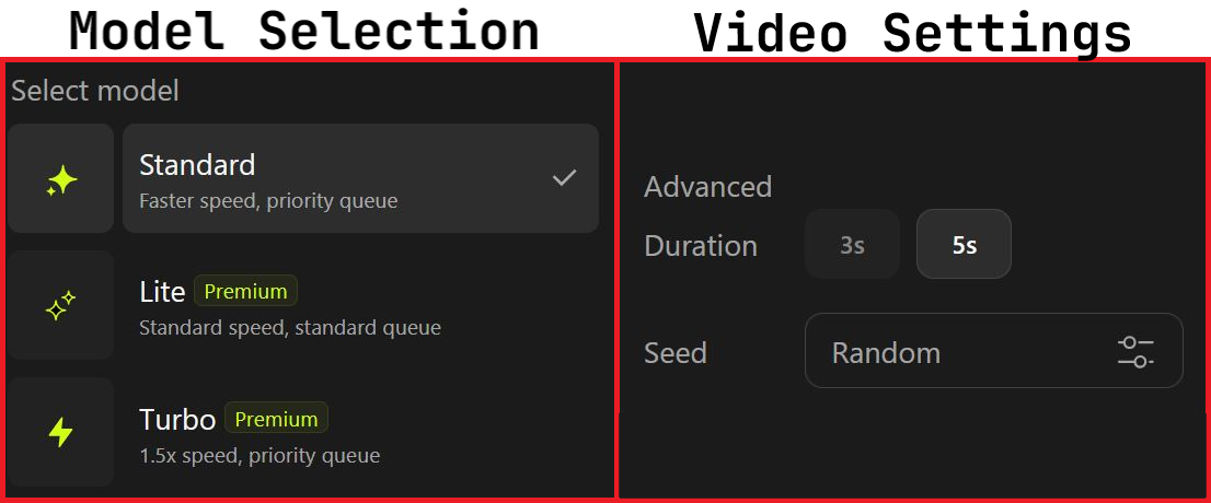 Side-by-side image comparing Higgsfield's advanced generation settings. 
