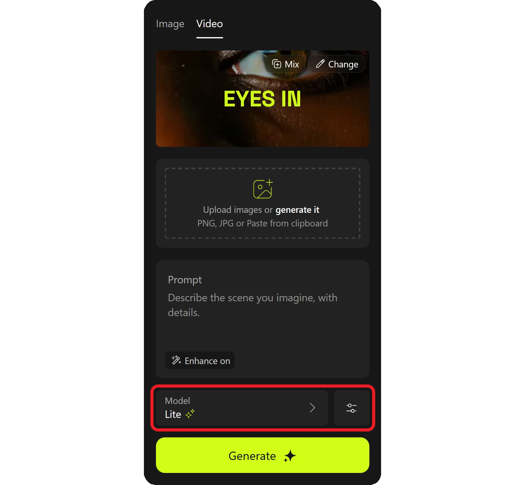 Higgsfield AI advanced video settings. 