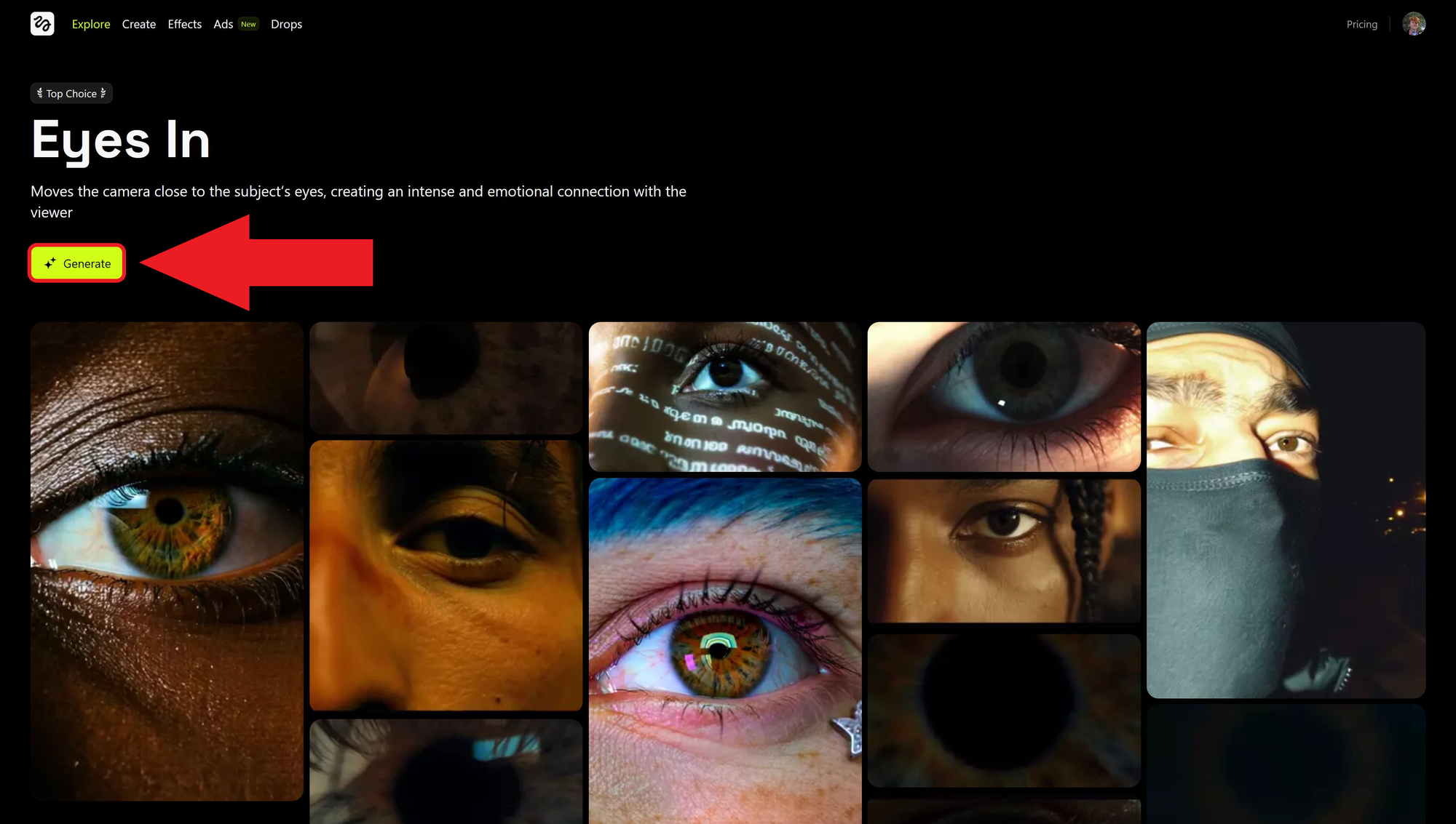 "Eyes In" AI video effect as used in the eye zoom or Lost in Your Iris Video Trend. 