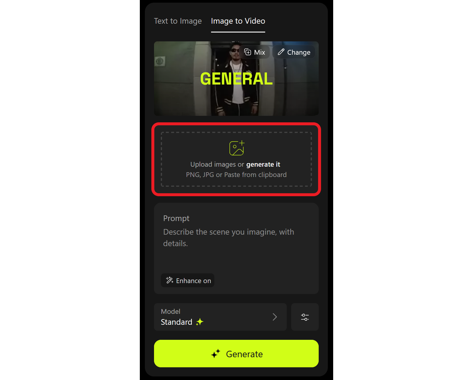 Guide showing where to upload a reference image to begin generating a Higgsfield AI video. 