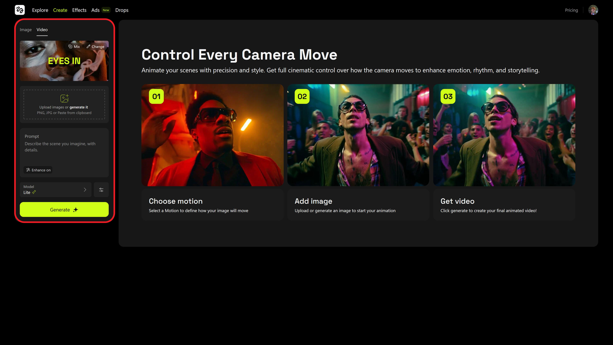 Guide showing how to generate a video on Higgsfield AI. 