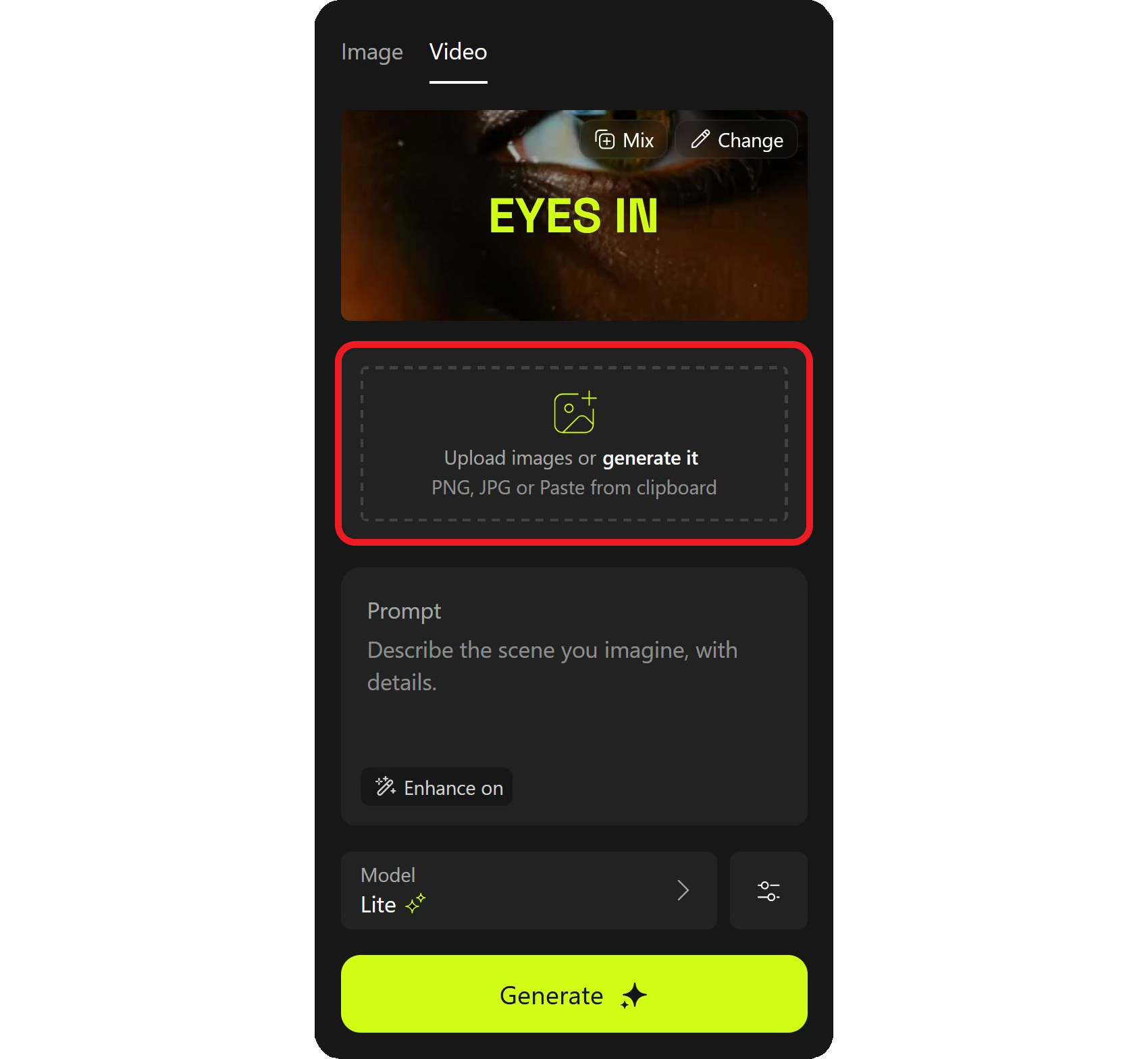 Eye zoom AI generator interface highlighting the reference image field.