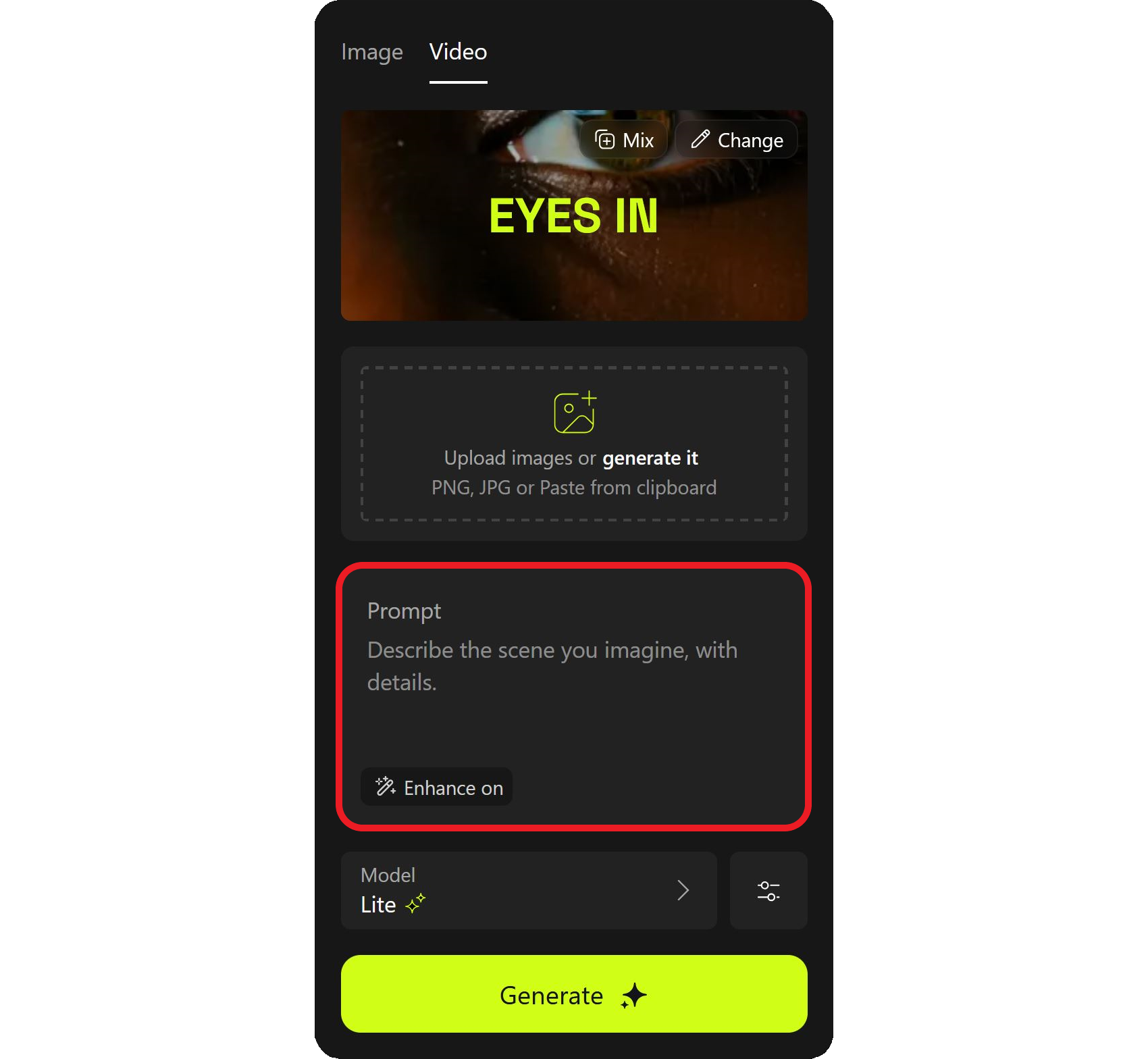 Guide showing how to generate an AI eye zoom video.