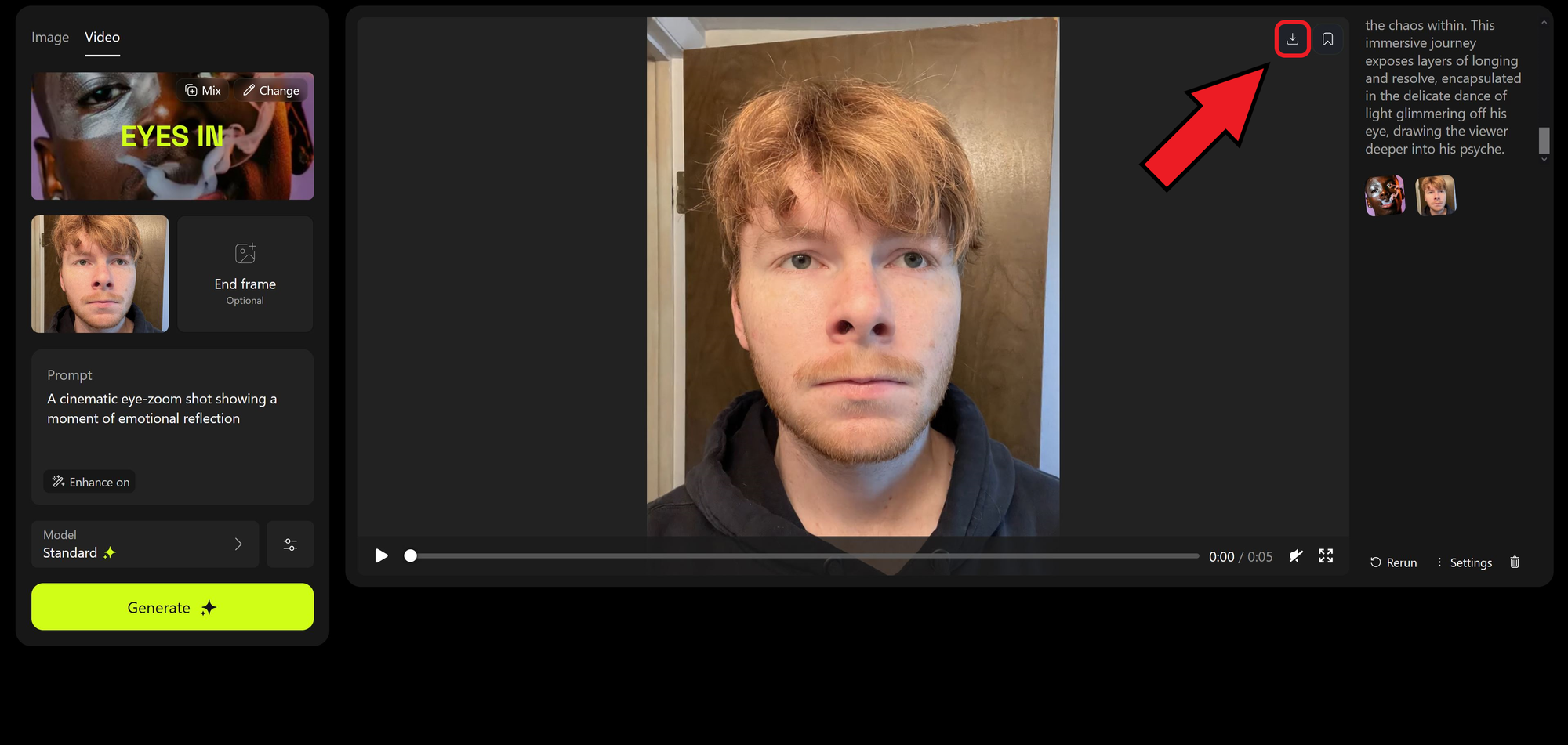 Guide showing how to download an AI eye zoom video after generating. 