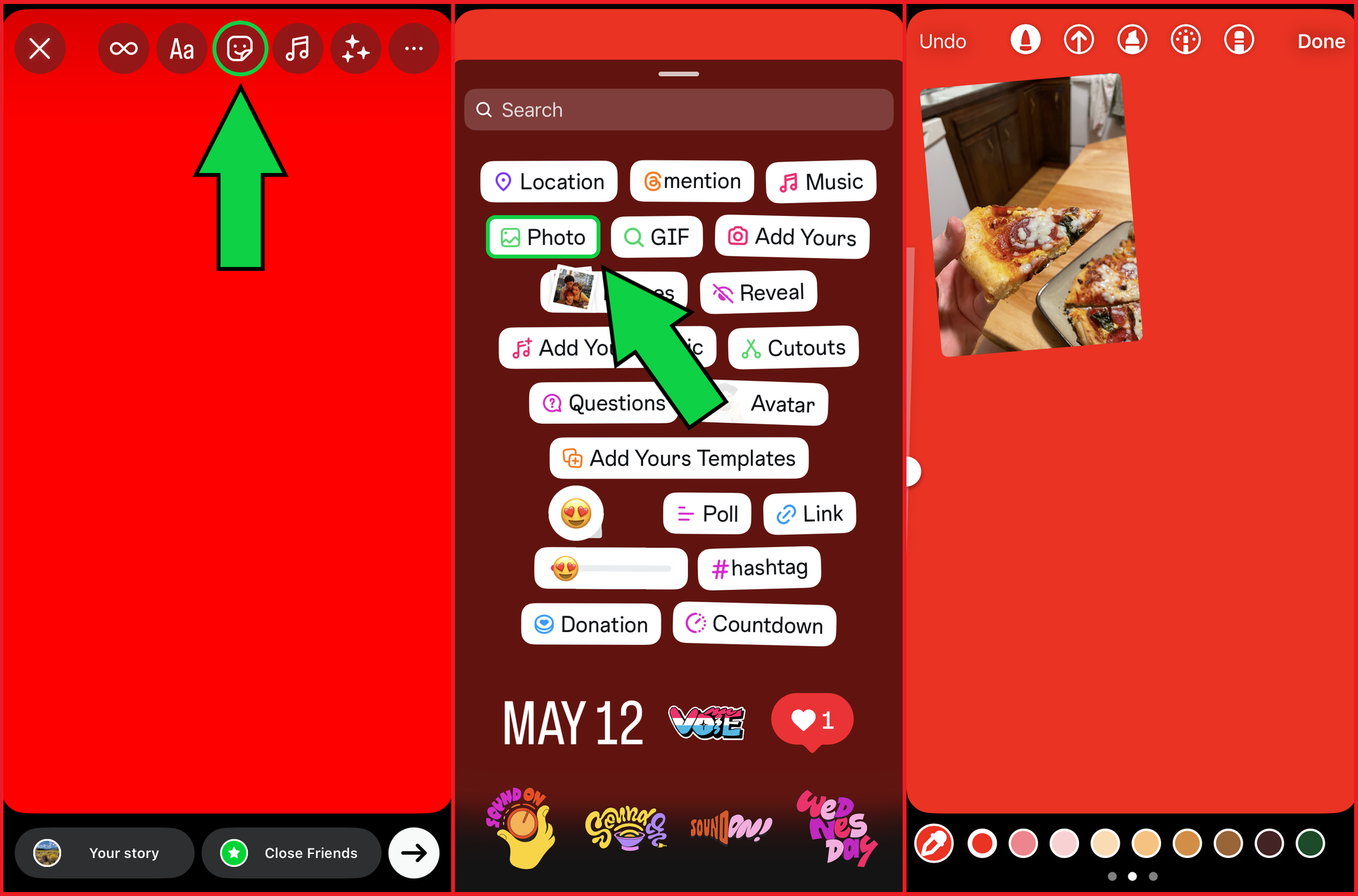 Guide showing how to add images to your Instagram story after changing the background color. . 