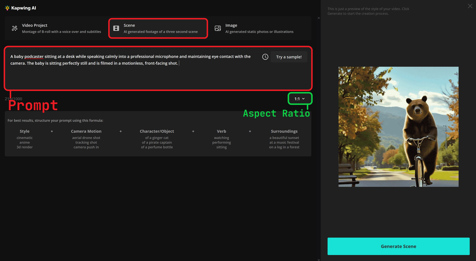 Guide showing how to write an AI generation prompt for creating a baby podcaster. 