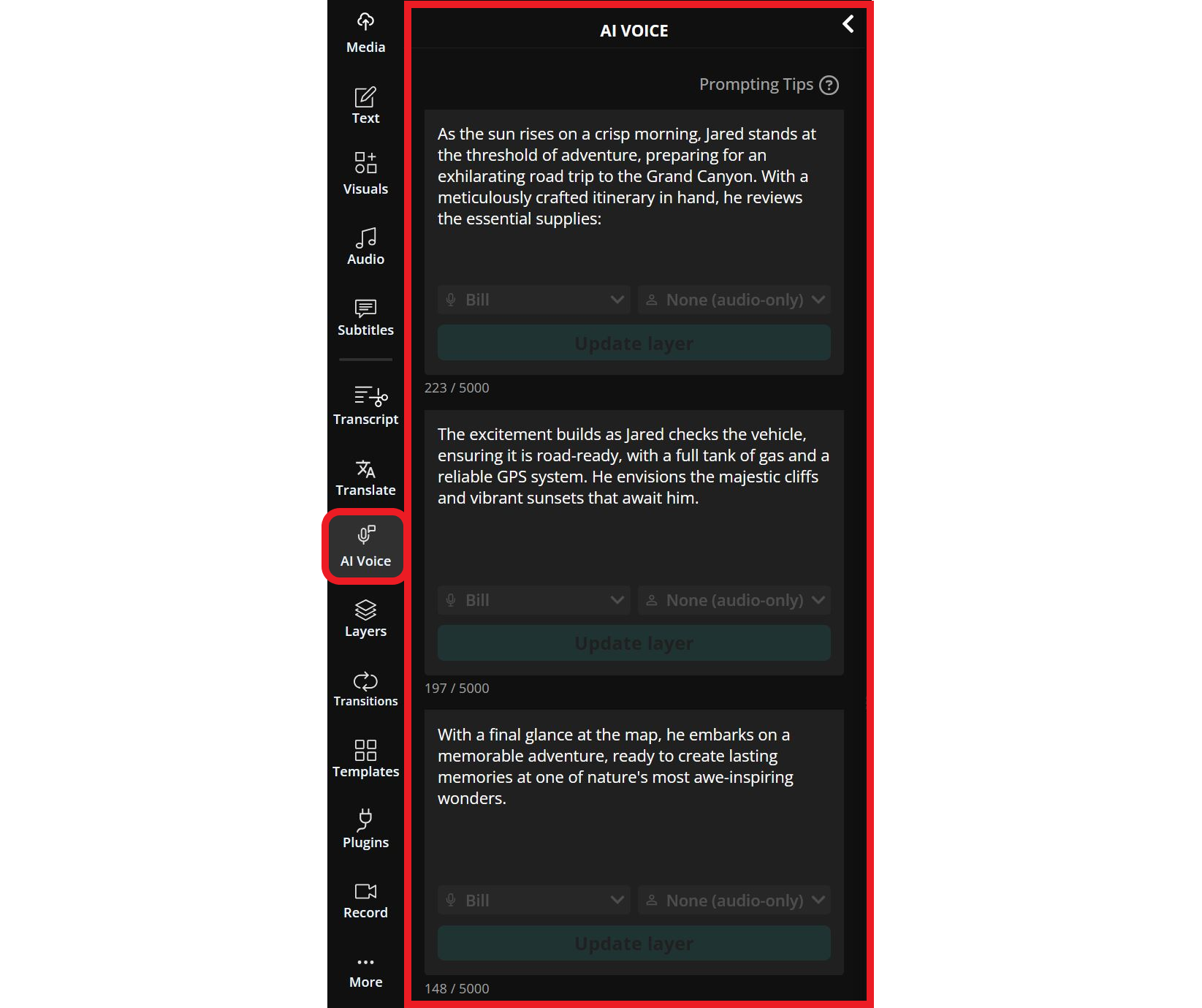Guide showing how to change the intro voice narration for the narrator TikTok trend. 