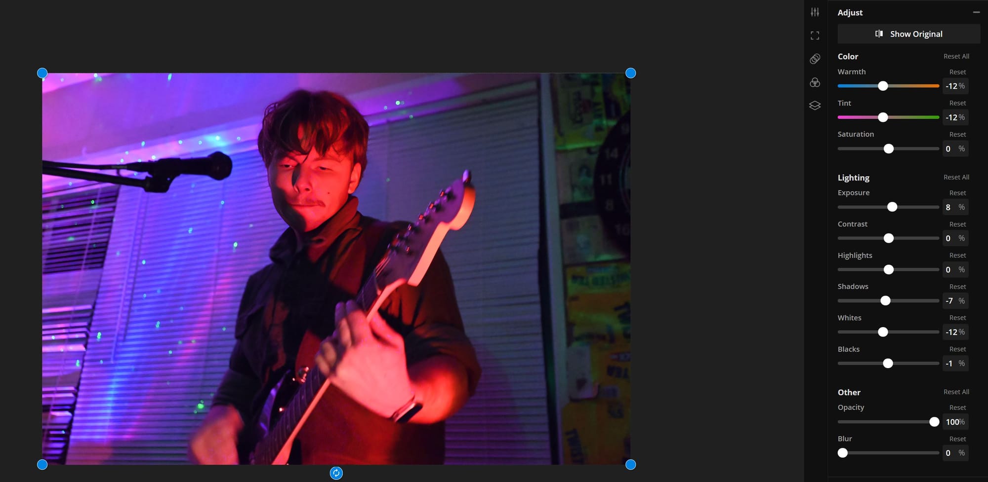 Example color correction image editor showing color correcting settings. 