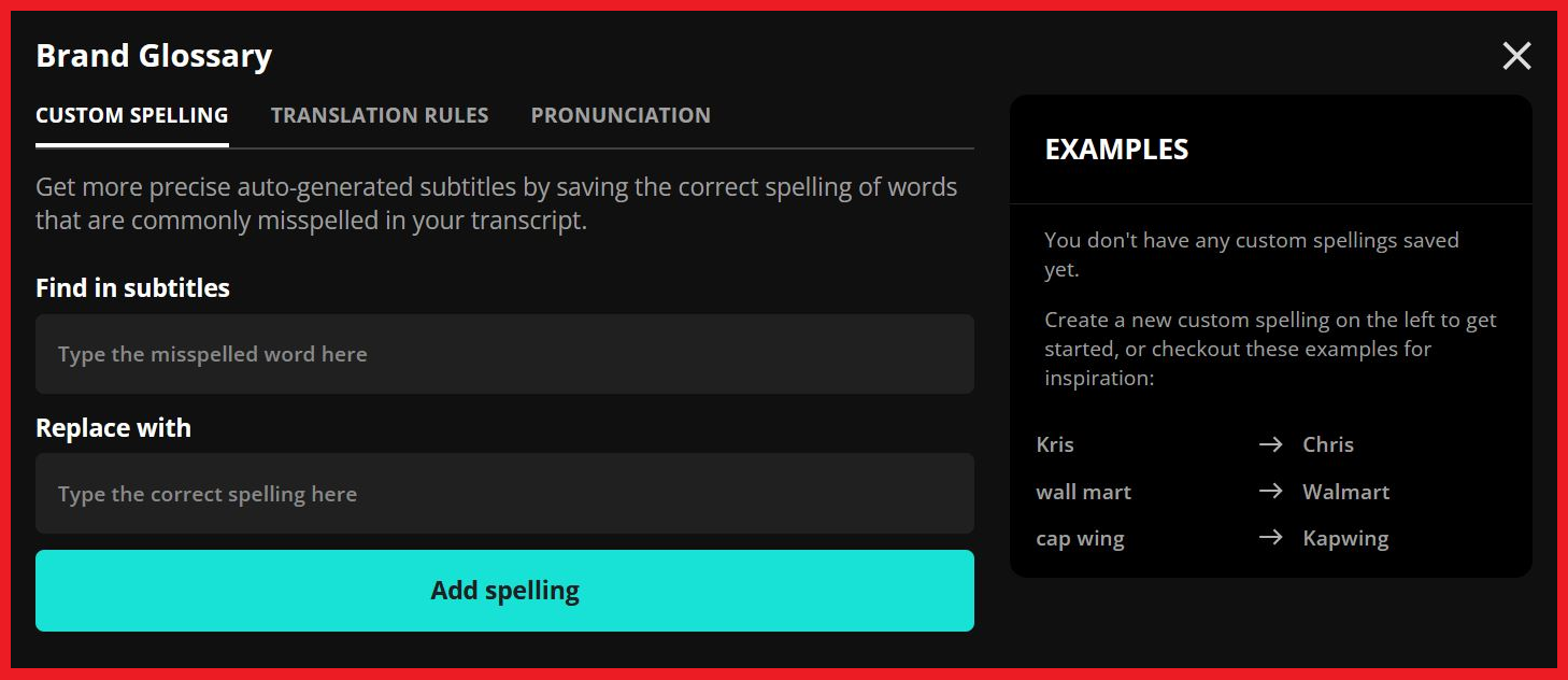 Custom Spelling settings panel for defining preferred word spellings in AI translations and subtitles.