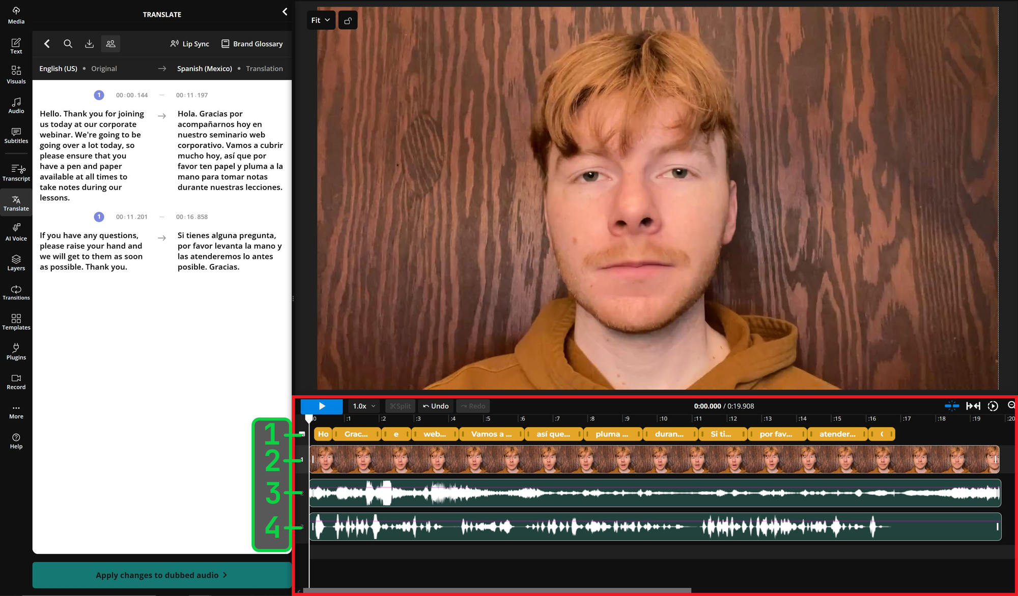 Guide showing an AI dubbed video project timeline. 