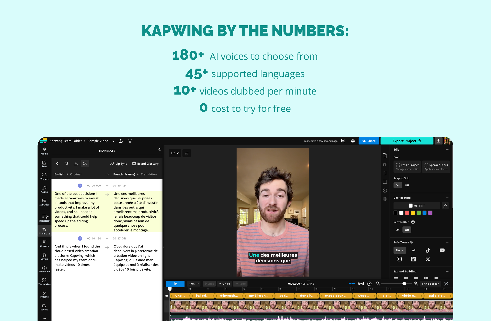 Graphic showing available AI voices and languages for automatic video dubbing.
