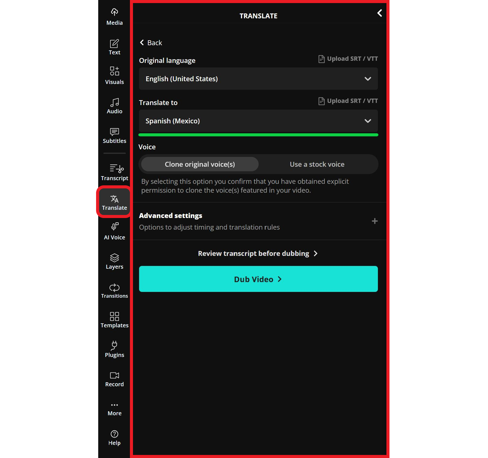 Guide showing how to begin dubbing a video. 