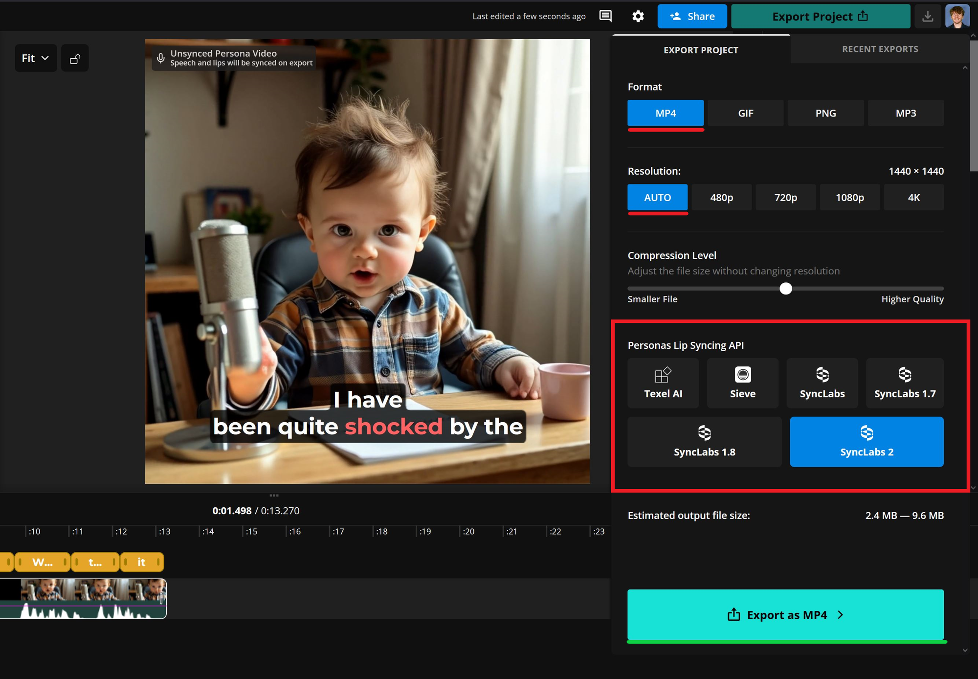 Guide showing how to export a video project with a lip sync for creating an AI baby podcast. 