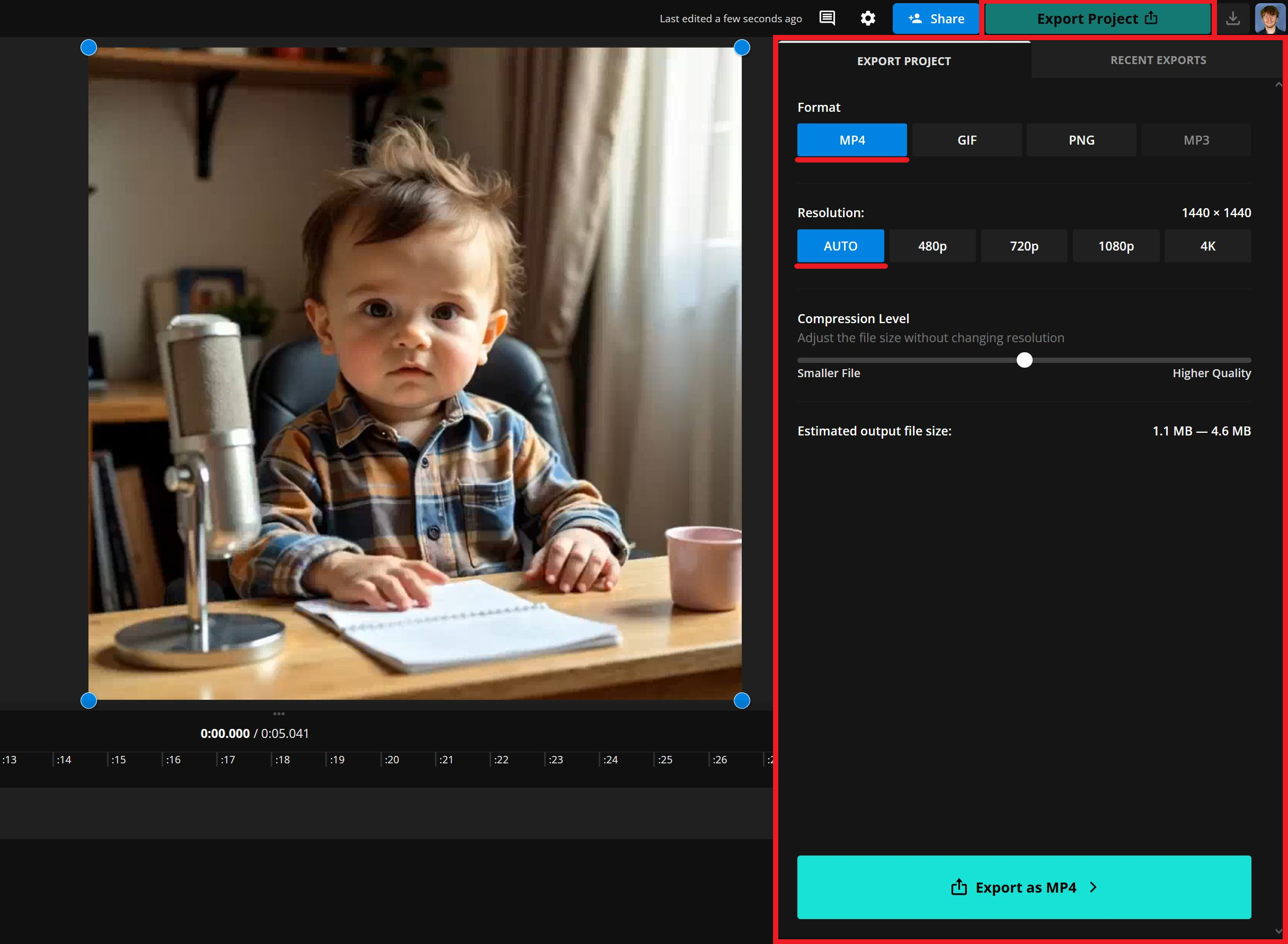 Example video export settings. 