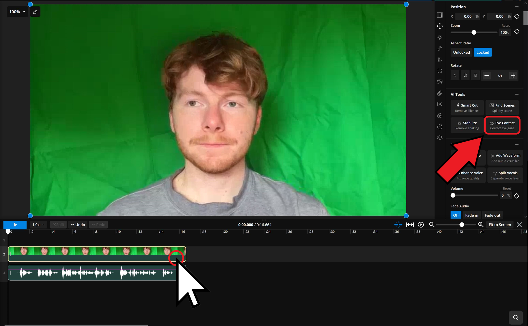 Guide showing how to use an AI eye contact tool when editing a customer testimonial request video. 